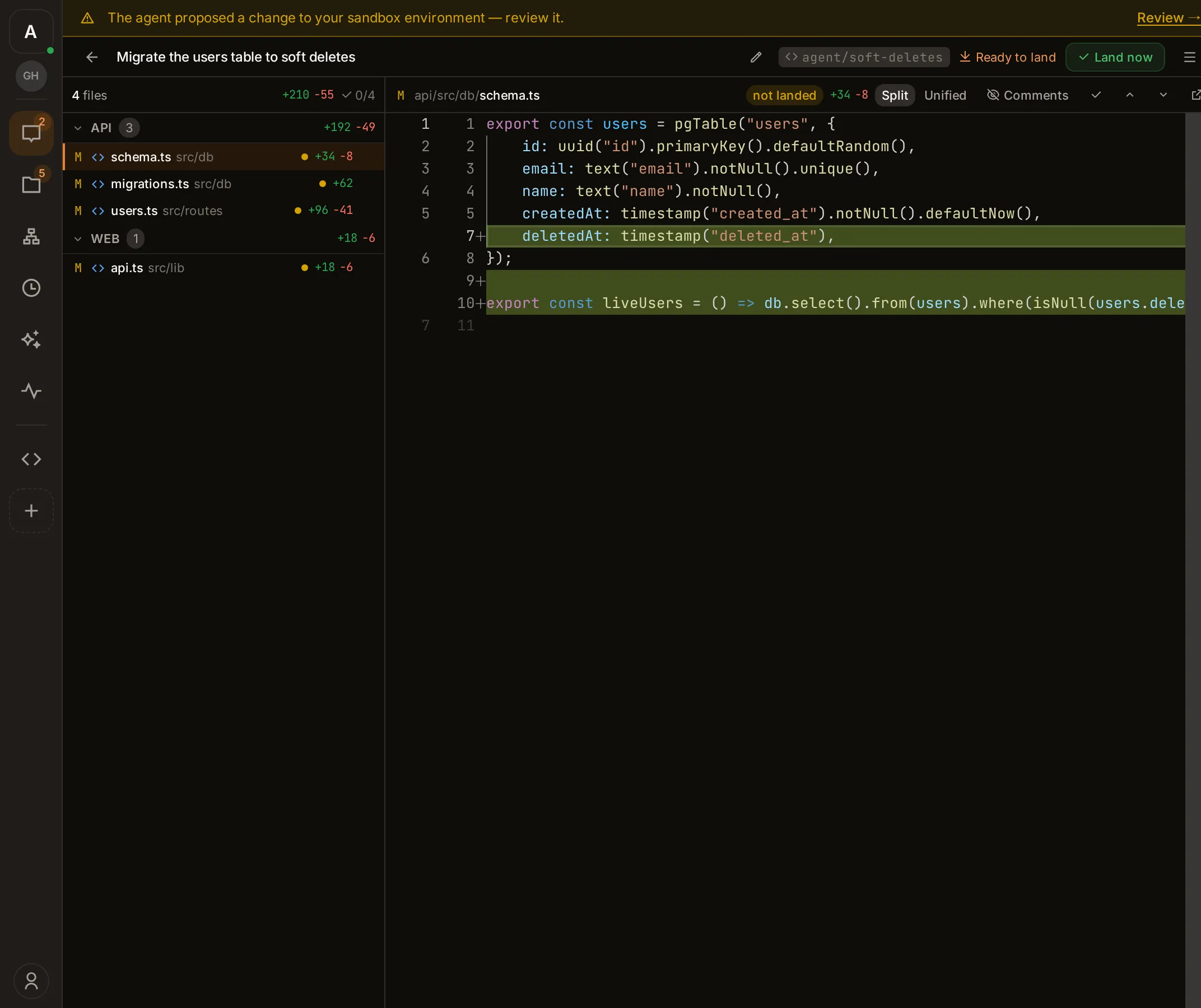 The isolated review panel: four changed files with per-file line counts, a split diff of a database schema adding a deletedAt column, and a Land now button beside the agent's branch name.