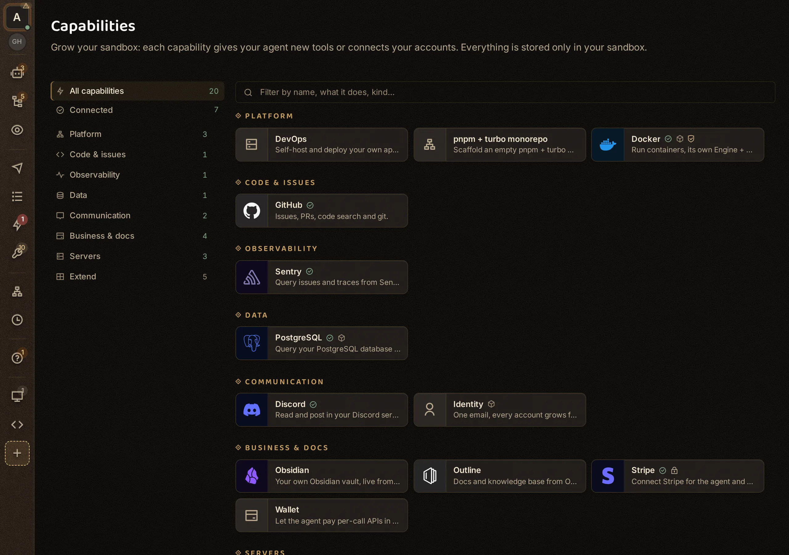 The capability catalog grouped by Platform, Code & issues, Observability, Data and Communication, with GitHub, Sentry, PostgreSQL, Discord, Docker and SSH marked as connected.