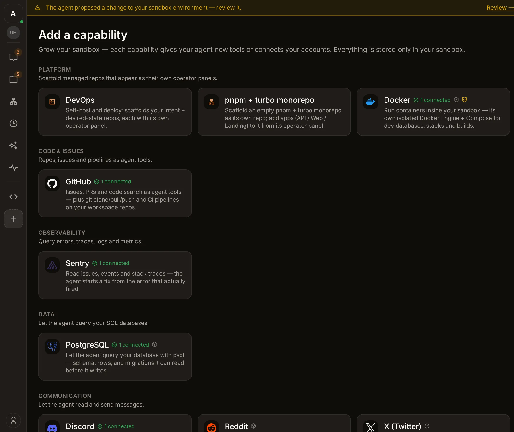The capability catalog grouped by Platform, Code & issues, Observability, Data and Communication, with GitHub, Sentry, PostgreSQL, Discord, Docker and SSH marked as connected.