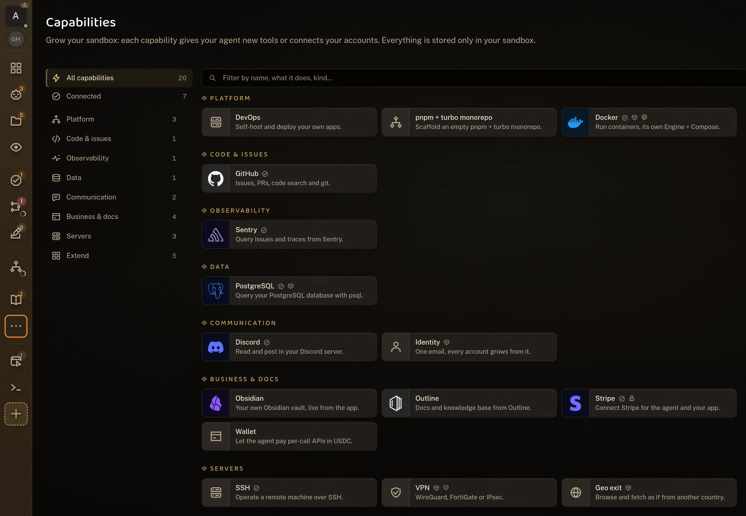 The capability catalog grouped by Platform, Code & issues, Observability, Data and Communication, with GitHub, Sentry, PostgreSQL, Discord, Docker and SSH marked as connected.