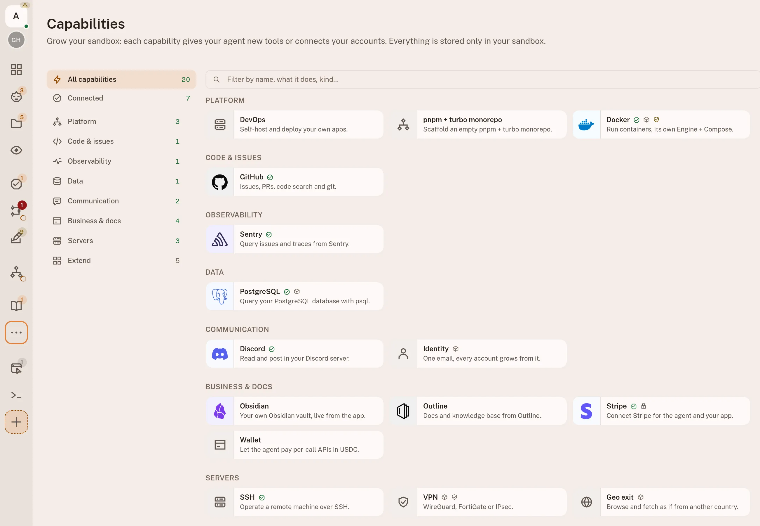 The capability catalog grouped by Platform, Code & issues, Observability, Data and Communication, with GitHub, Sentry, PostgreSQL, Discord, Docker and SSH marked as connected.