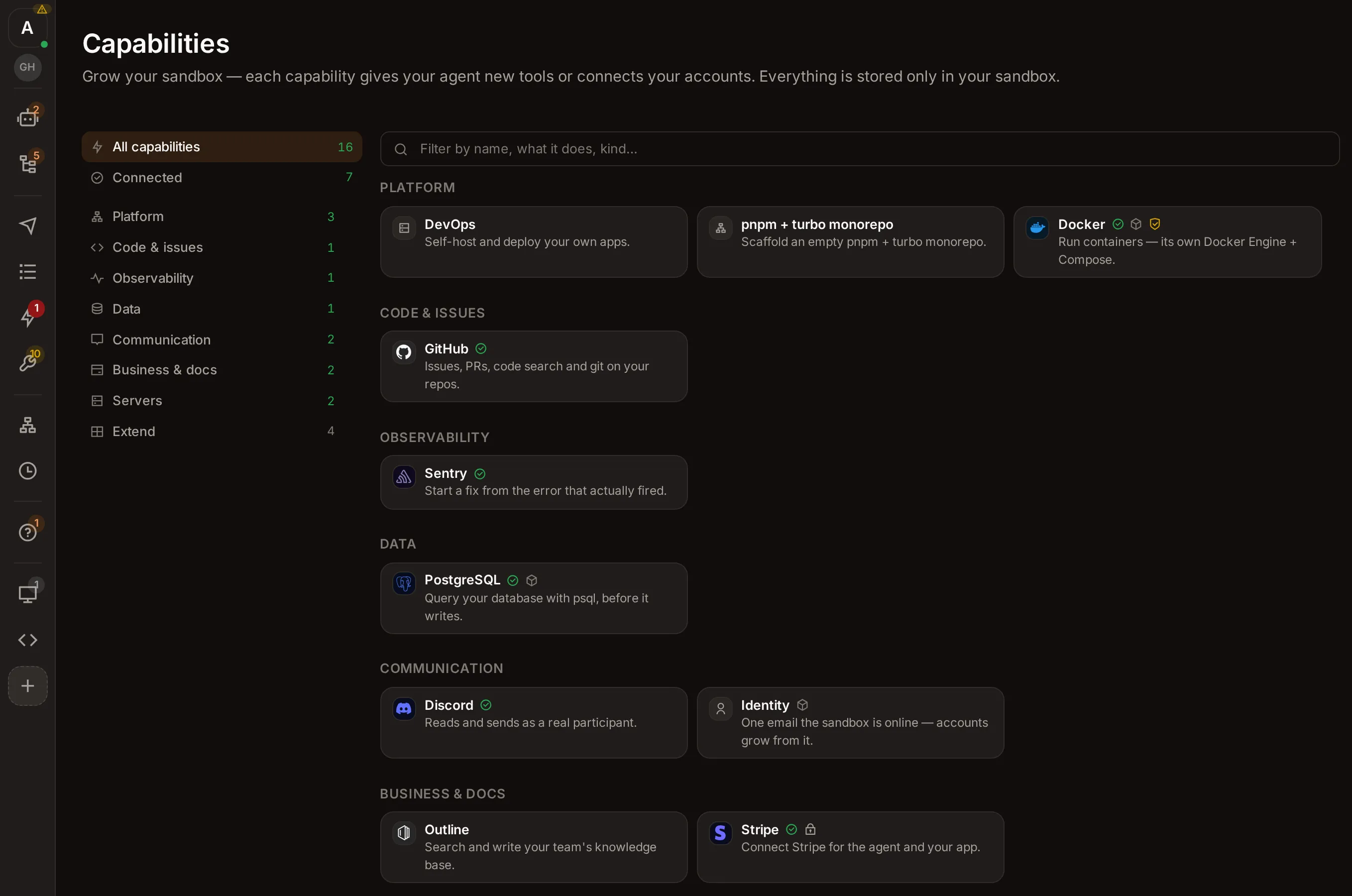 The capability catalog grouped by Platform, Code & issues, Observability, Data and Communication, with GitHub, Sentry, PostgreSQL, Discord, Docker and SSH marked as connected.