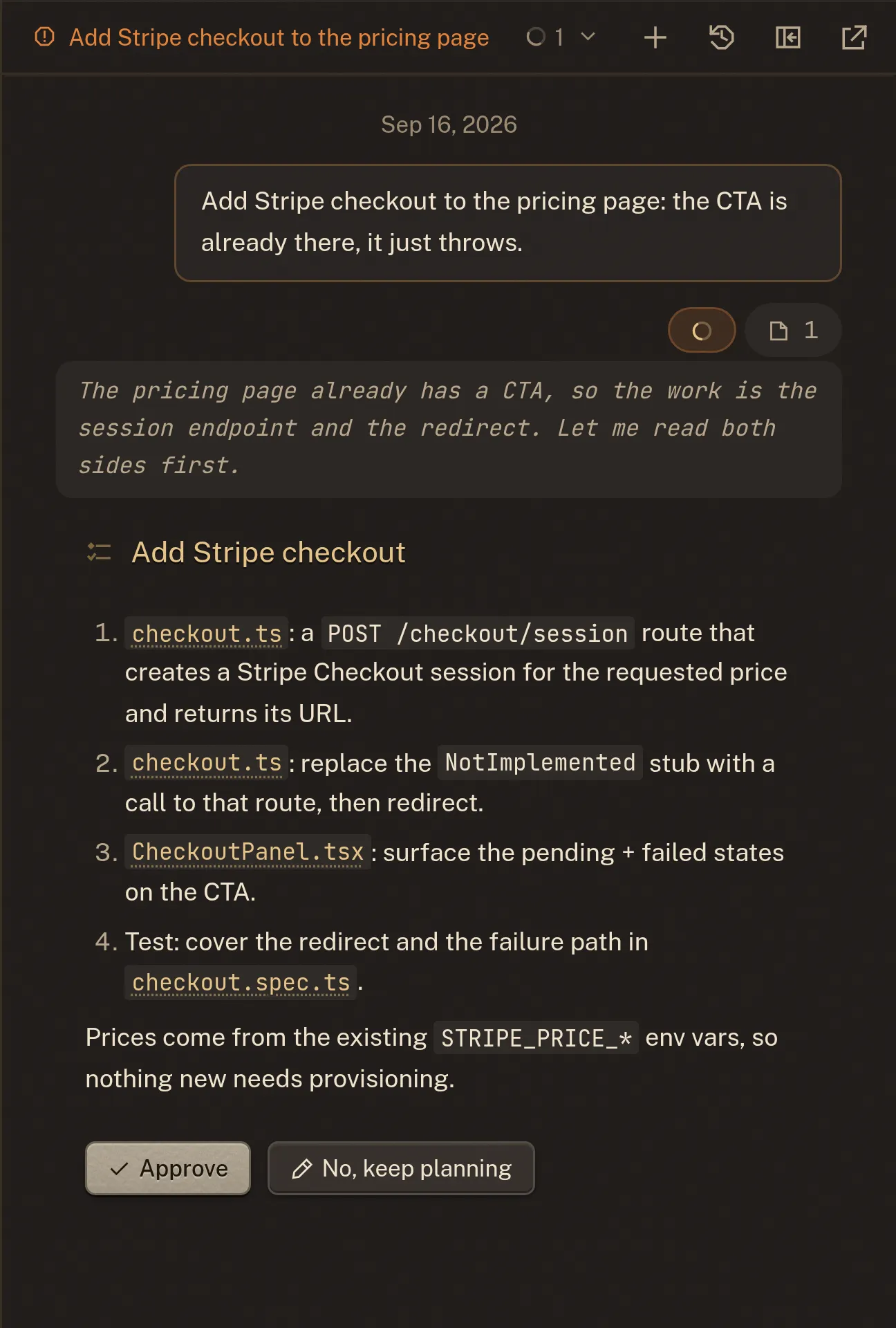 The plan sidebar where an agent proposes changes before writing code