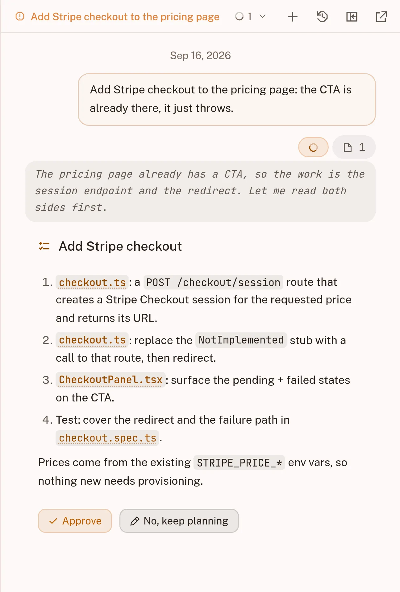 The plan sidebar where an agent proposes changes before writing code