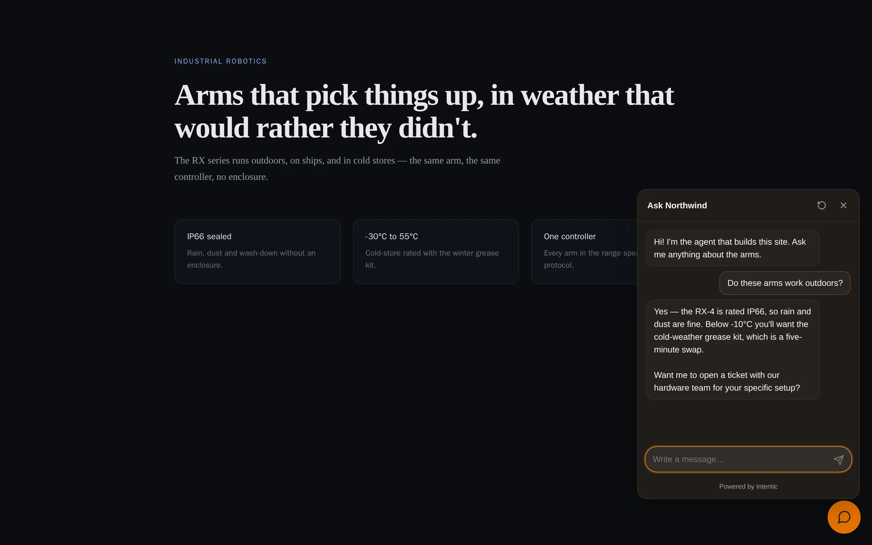 A robotics company's website with the Front Desk widget open in the corner: the agent greets the visitor, the visitor asks whether the arms work outdoors, and the agent answers with the IP66 rating and a cold-weather caveat, then offers to open a ticket.