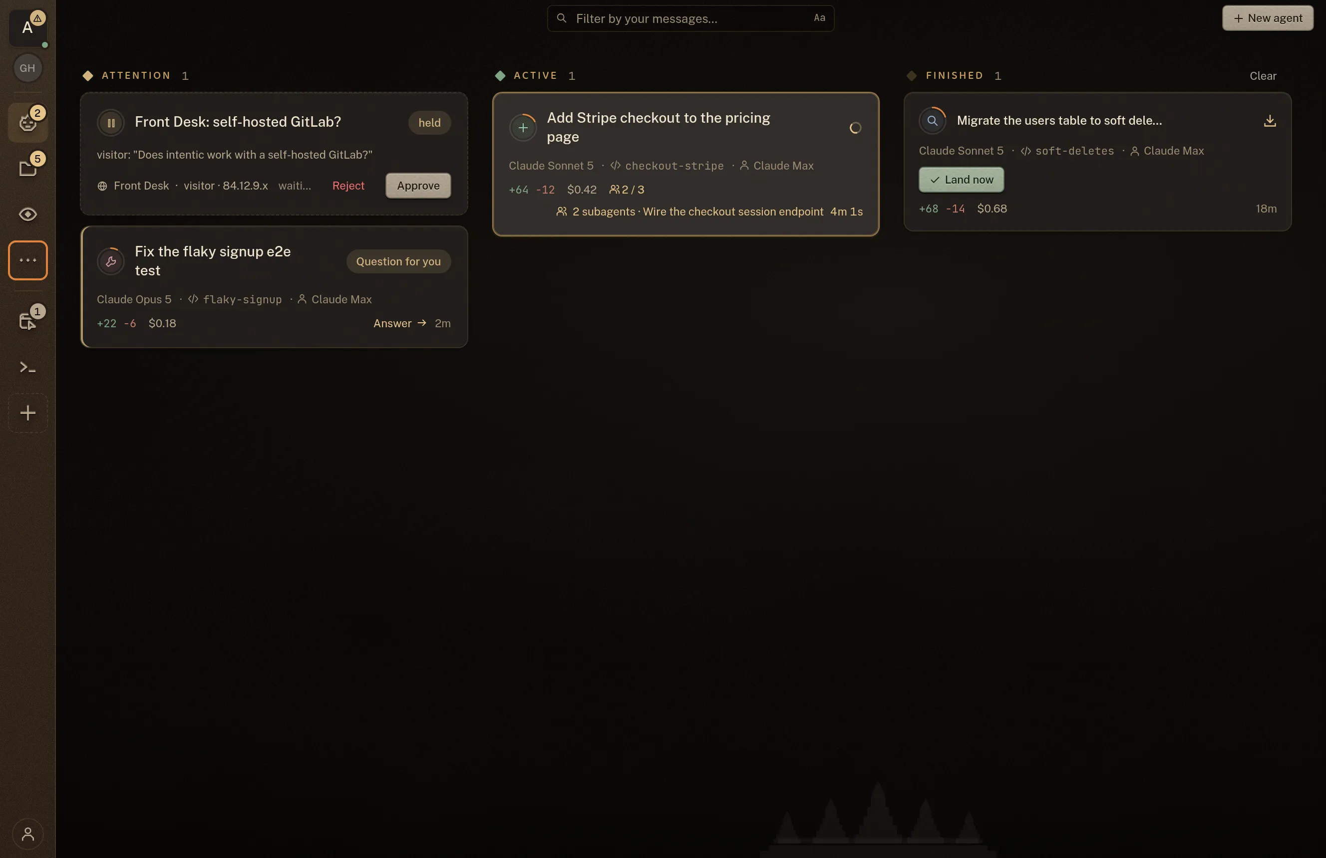 The intentic fleet board: an Attention lane holding a Visitor chat question and an agent asking one of its own, an Active lane with an agent working on a Stripe checkout, and a Finished lane where a completed change offers Land now. Each card carries a plain-English title, the model behind it, and what it has cost.