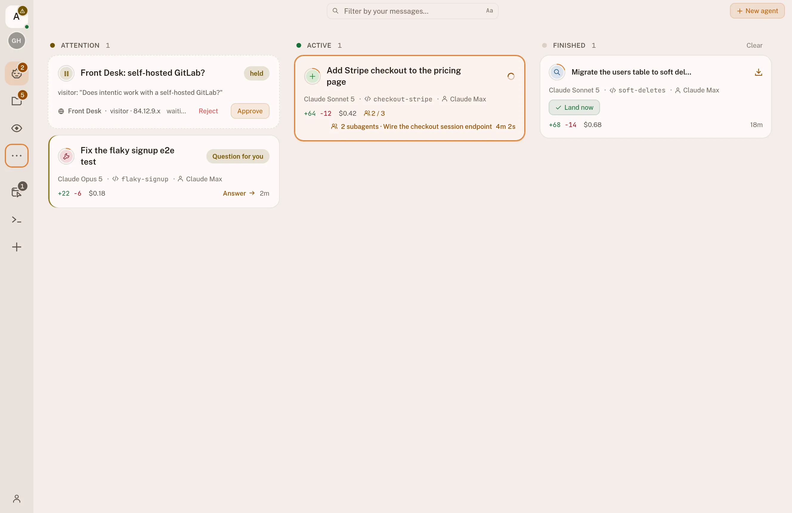 The intentic fleet board: an Attention lane holding a Visitor chat question and an agent asking one of its own, an Active lane with an agent working on a Stripe checkout, and a Finished lane where a completed change offers Land now. Each card carries a plain-English title, the model behind it, and what it has cost.