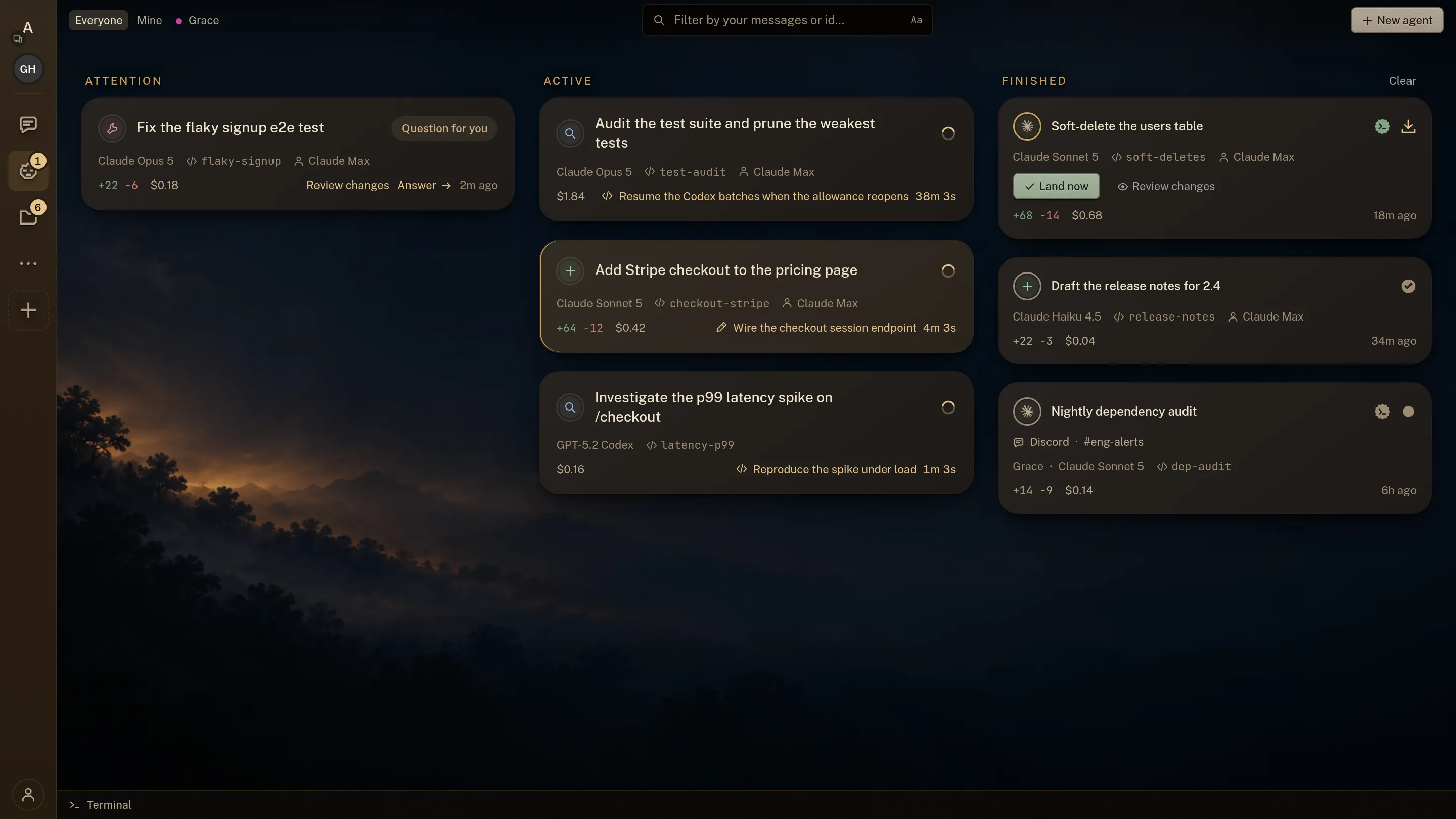 The intentic agents board over a misty forest: one agent in Attention with a question for you, three in Active, and three in Finished, where a soft-delete migration offers Land now above release notes already landed and a nightly dependency audit started from Discord. Every card shows model, branch, cost and diff stats.