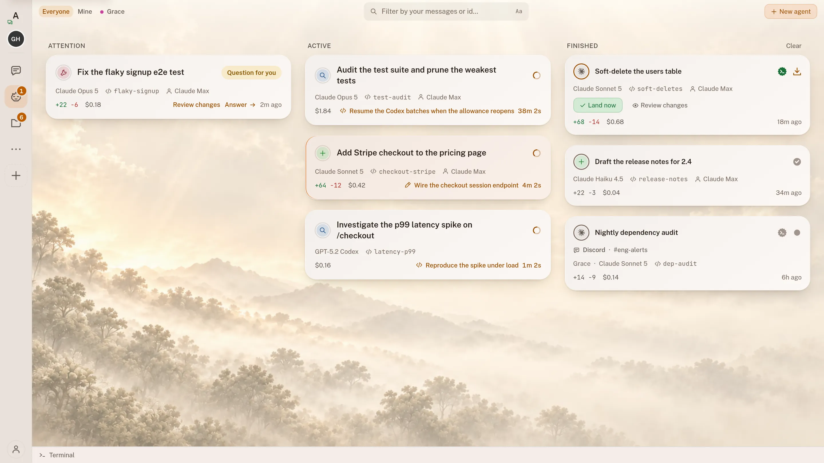 The intentic agents board over a misty forest: one agent in Attention with a question for you, three in Active, and three in Finished, where a soft-delete migration offers Land now above release notes already landed and a nightly dependency audit started from Discord. Every card shows model, branch, cost and diff stats.