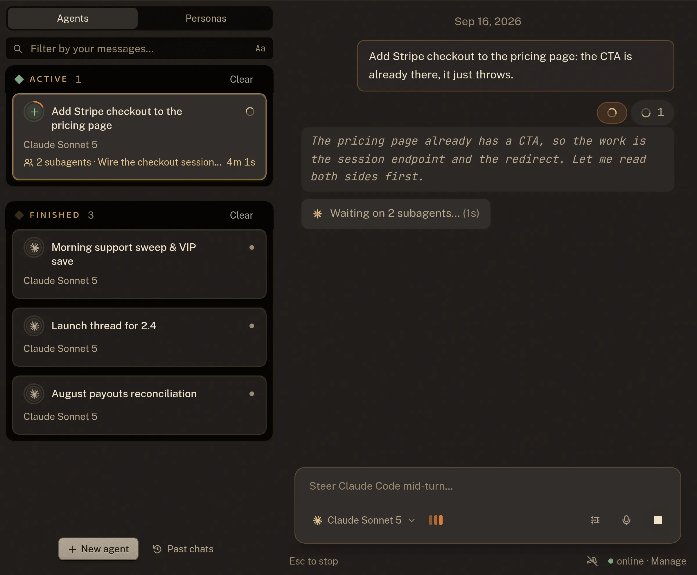 An agent conversation showing the coding agent responding to a task