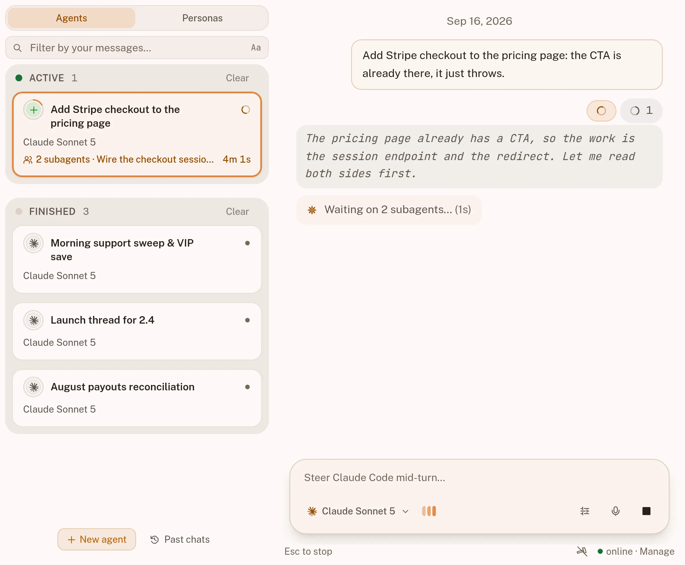 An agent conversation showing the coding agent responding to a task
