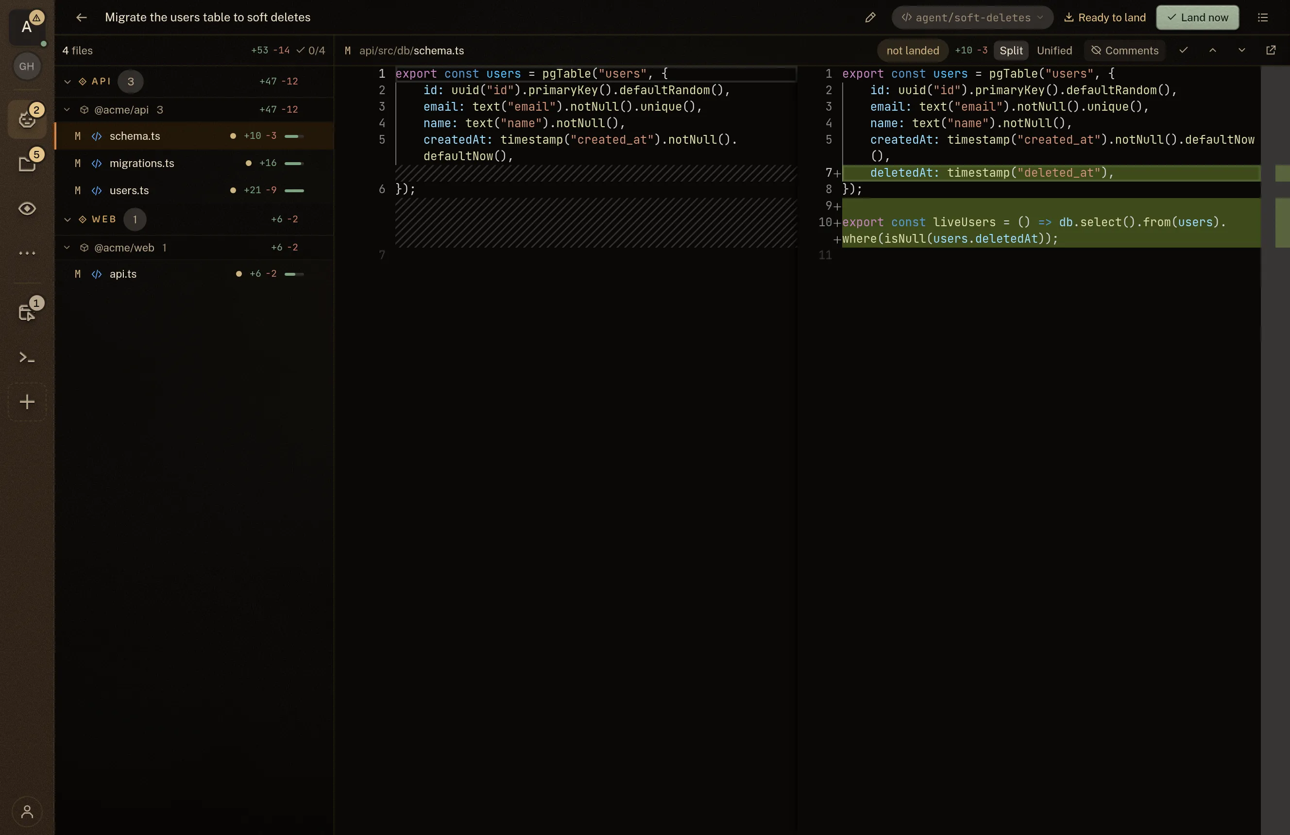 A finished change waiting for a yes: the agent's task written as a plain title, a "Ready to land" badge over an unpressed Land now button, and a short side-by-side diff of the file it changed.