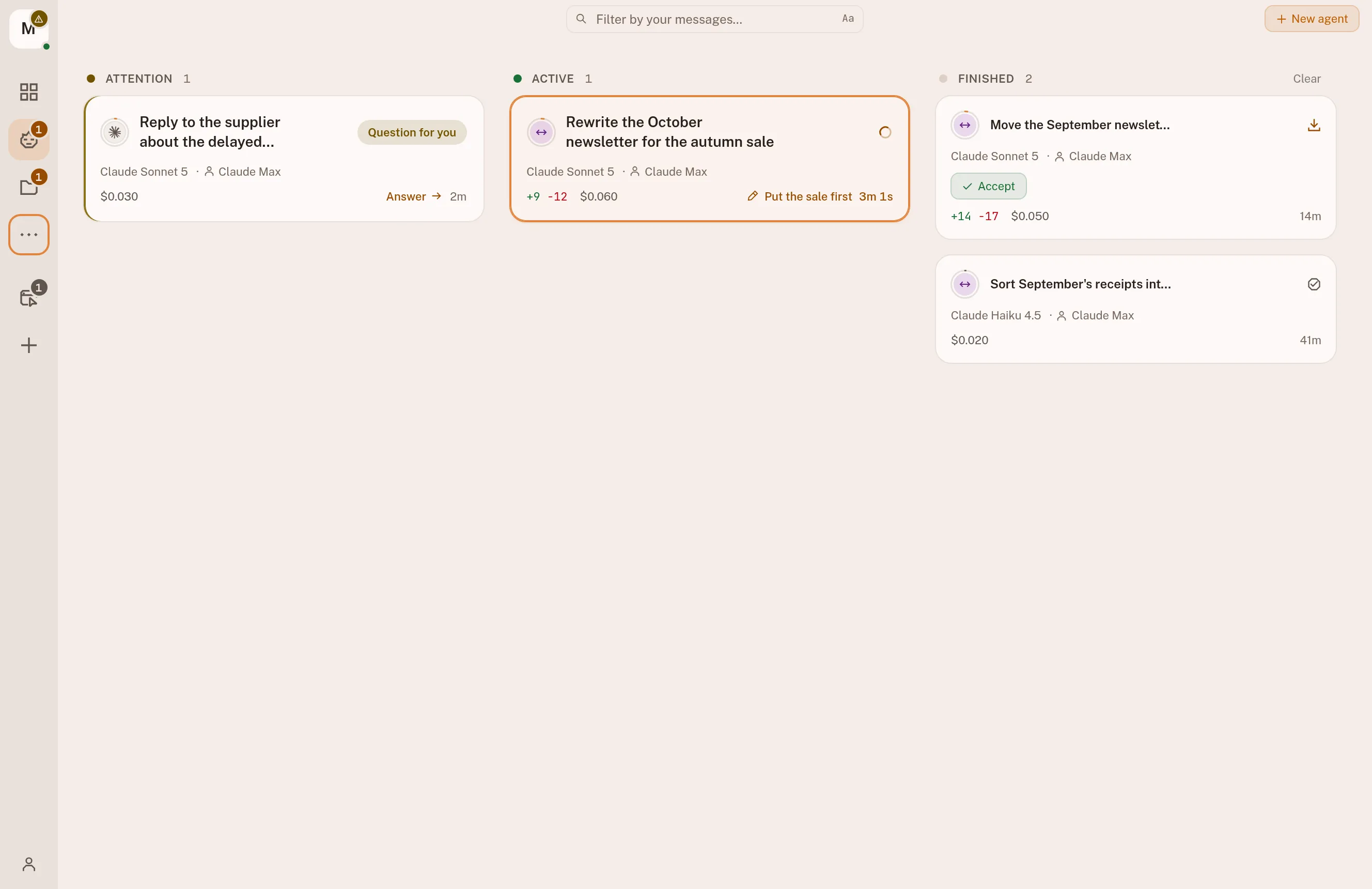 The intentic board on a maker of documents: an Attention lane holding an assistant waiting on a question about a supplier letter, an Active lane where one is rewriting the October newsletter, and a Finished lane with a draft of the September newsletter to read and a receipts sort already accepted.