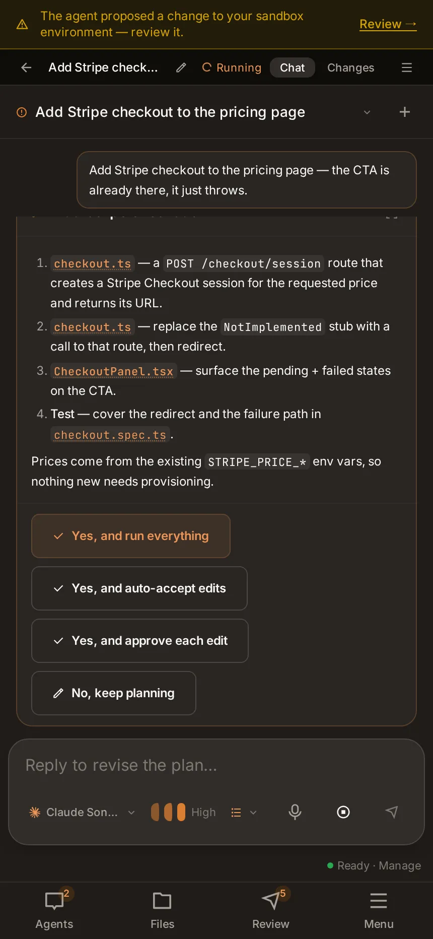 The intentic chat on a phone: a running turn with a thinking block, a Read tool call and the composer, with Agents, Files, Review and Menu tabs along the bottom.