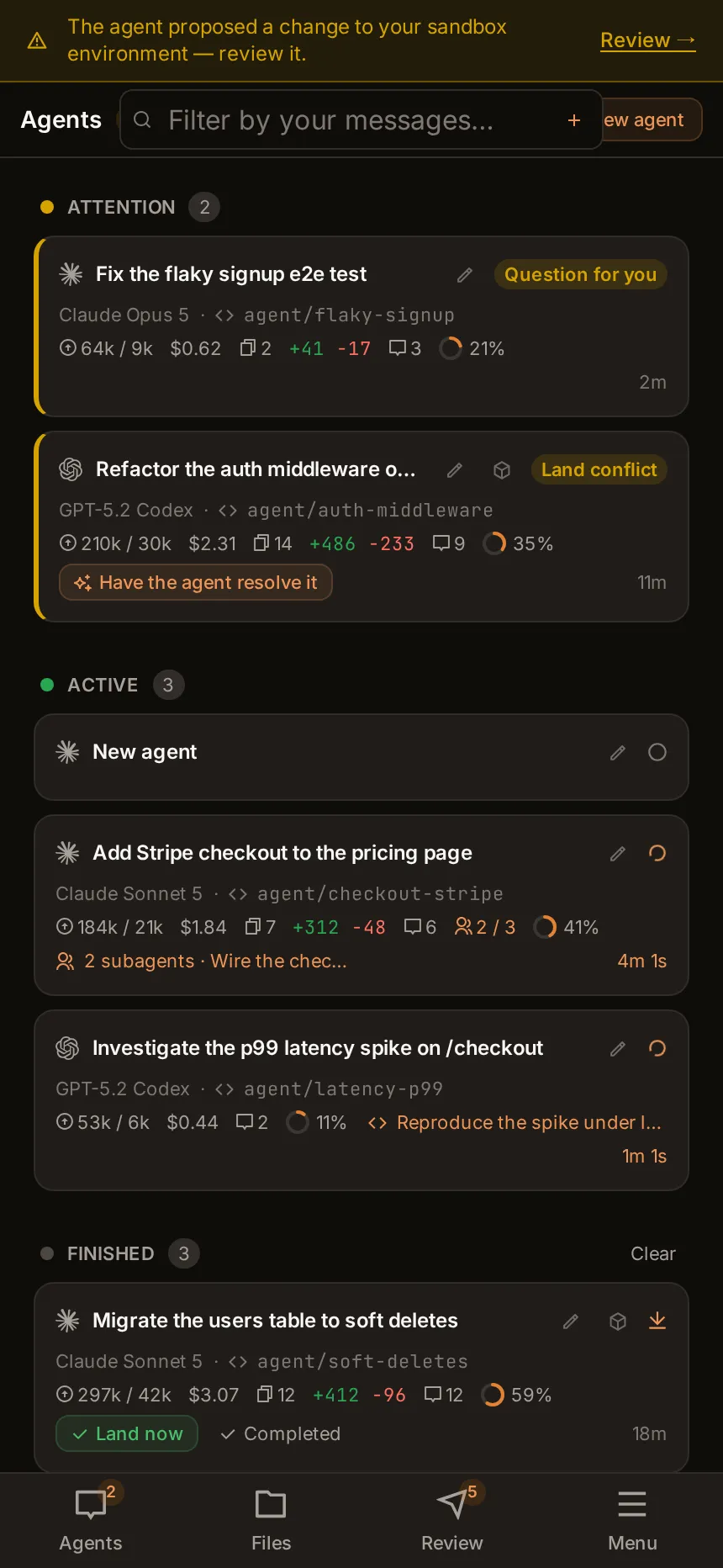 The same fleet board on a phone: agent cards stacked in one column with model, branch, cost and diff stats.