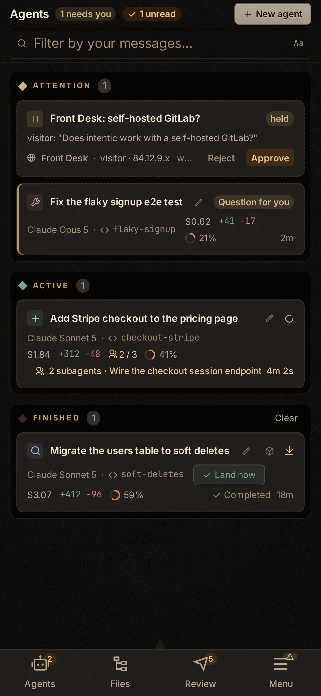 The same fleet board on a phone: agent cards stacked in one column with model, branch, cost and diff stats.