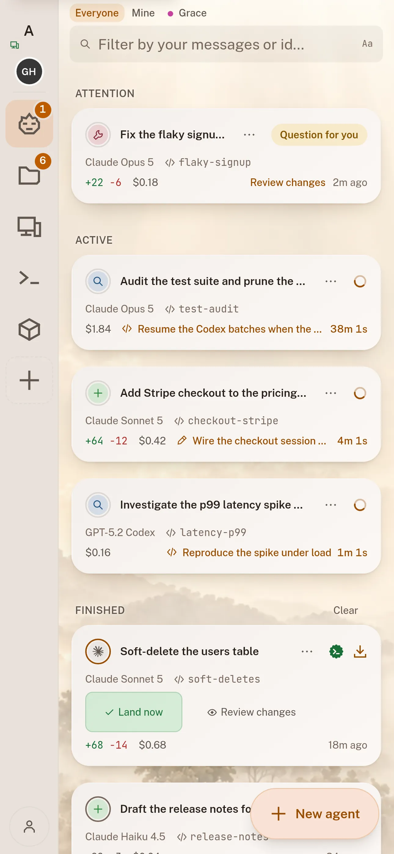 The same fleet board on a phone: agent cards stacked in one column with model, branch, cost and diff stats.