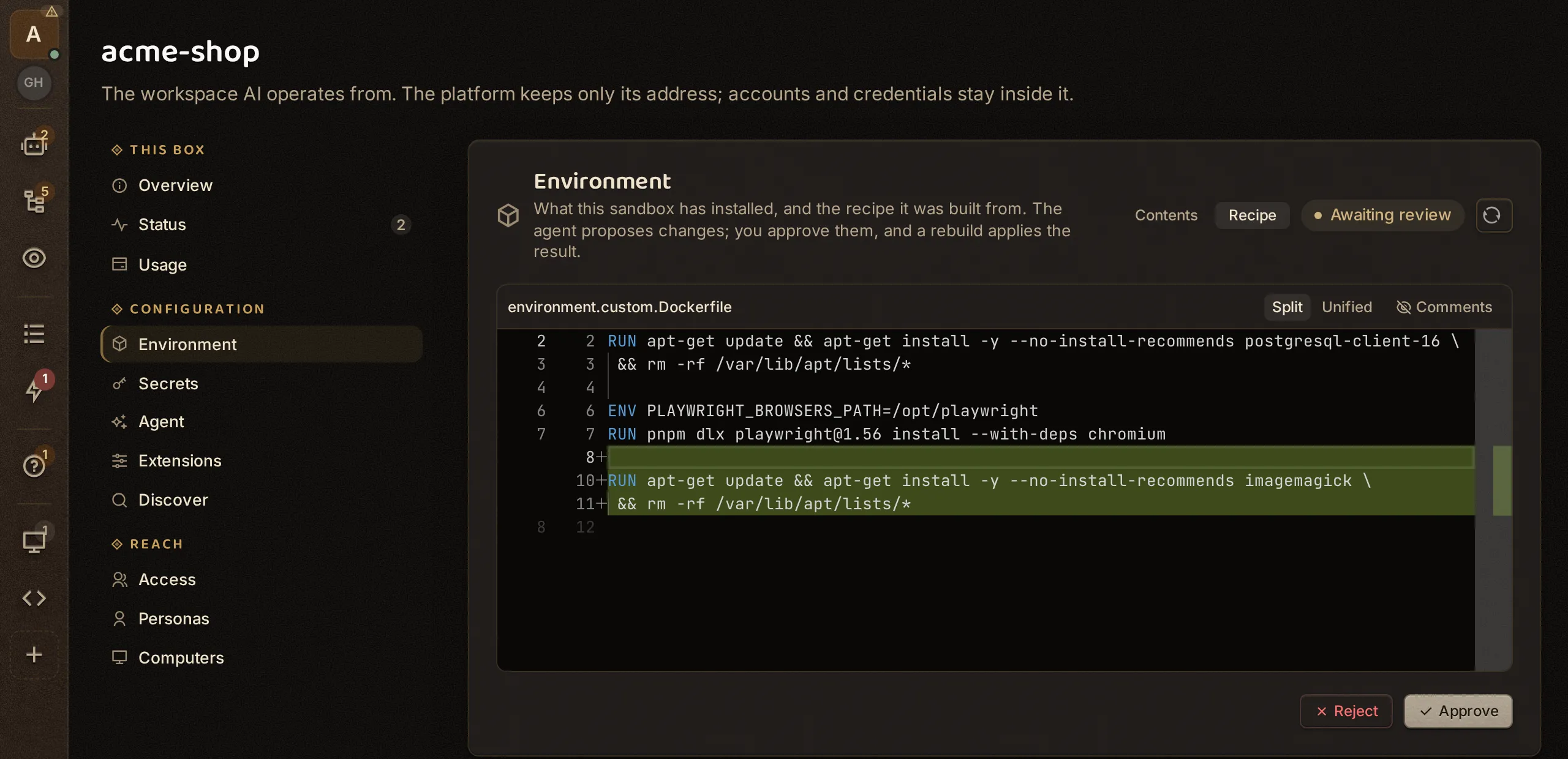 The sandbox Environment tab: an overlay Dockerfile diff awaiting review, adding an imagemagick install, with Reject and Approve buttons.