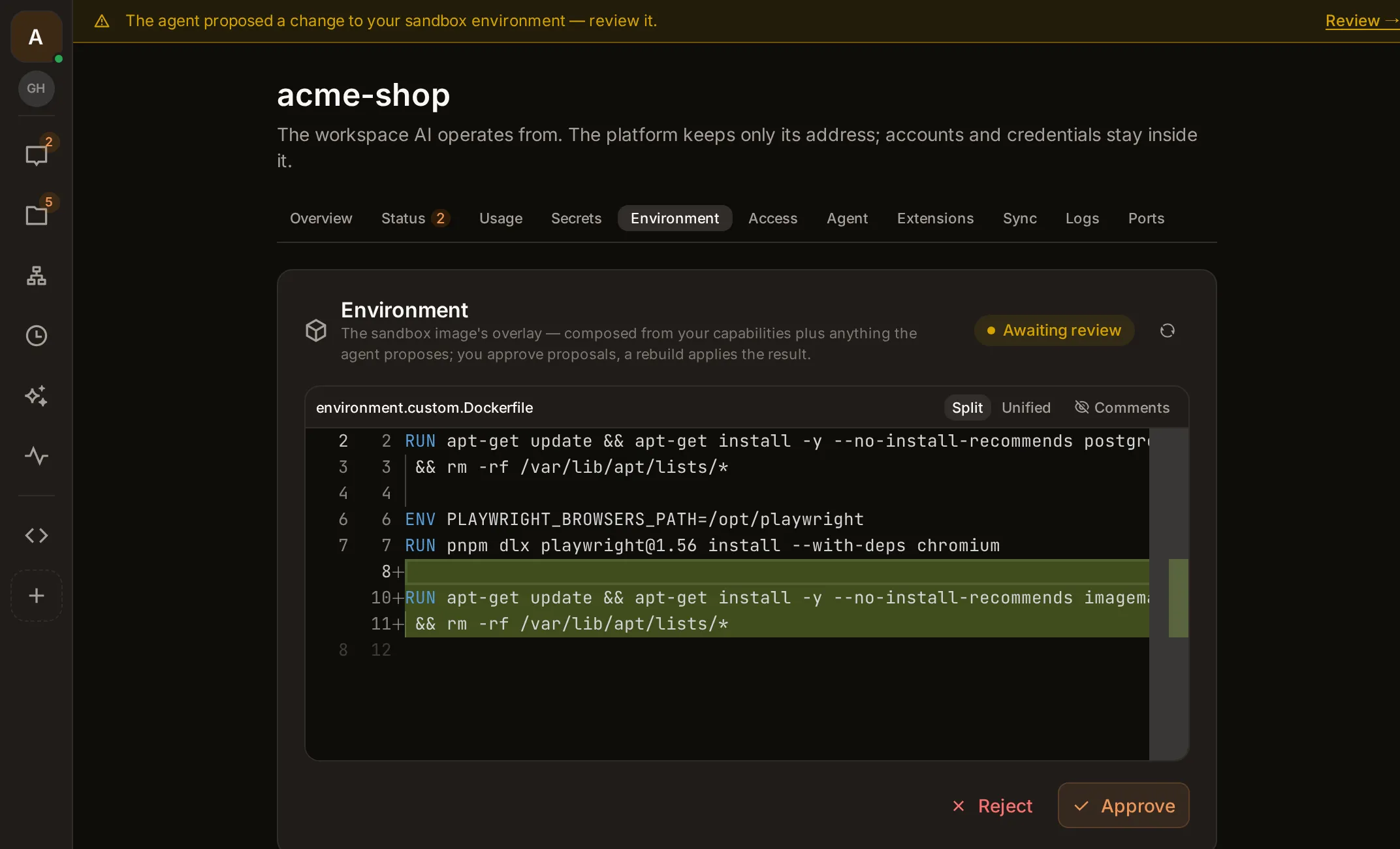 The sandbox Environment tab: an overlay Dockerfile diff awaiting review, adding an imagemagick install, with Reject and Approve buttons.