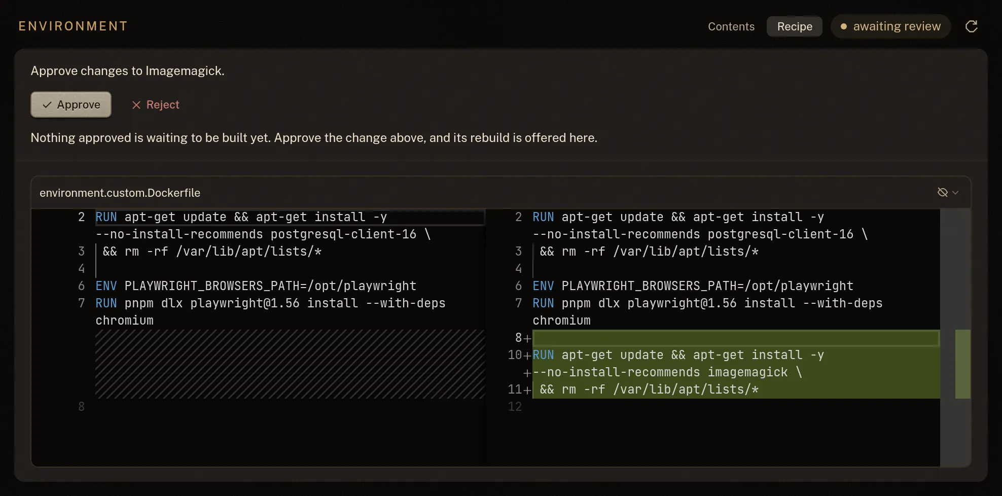 The sandbox's Environment section: an agent's change to its Dockerfile awaiting review, adding an ImageMagick install, with Approve and Reject above the diff.
