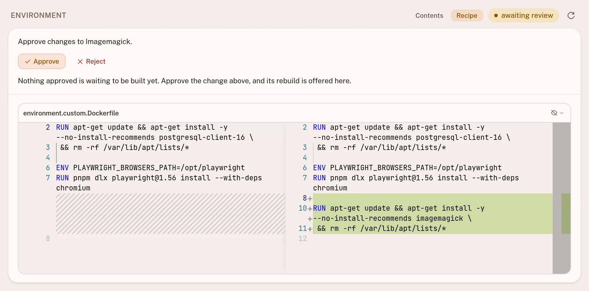 The sandbox's Environment section: an agent's change to its Dockerfile awaiting review, adding an ImageMagick install, with Approve and Reject above the diff.