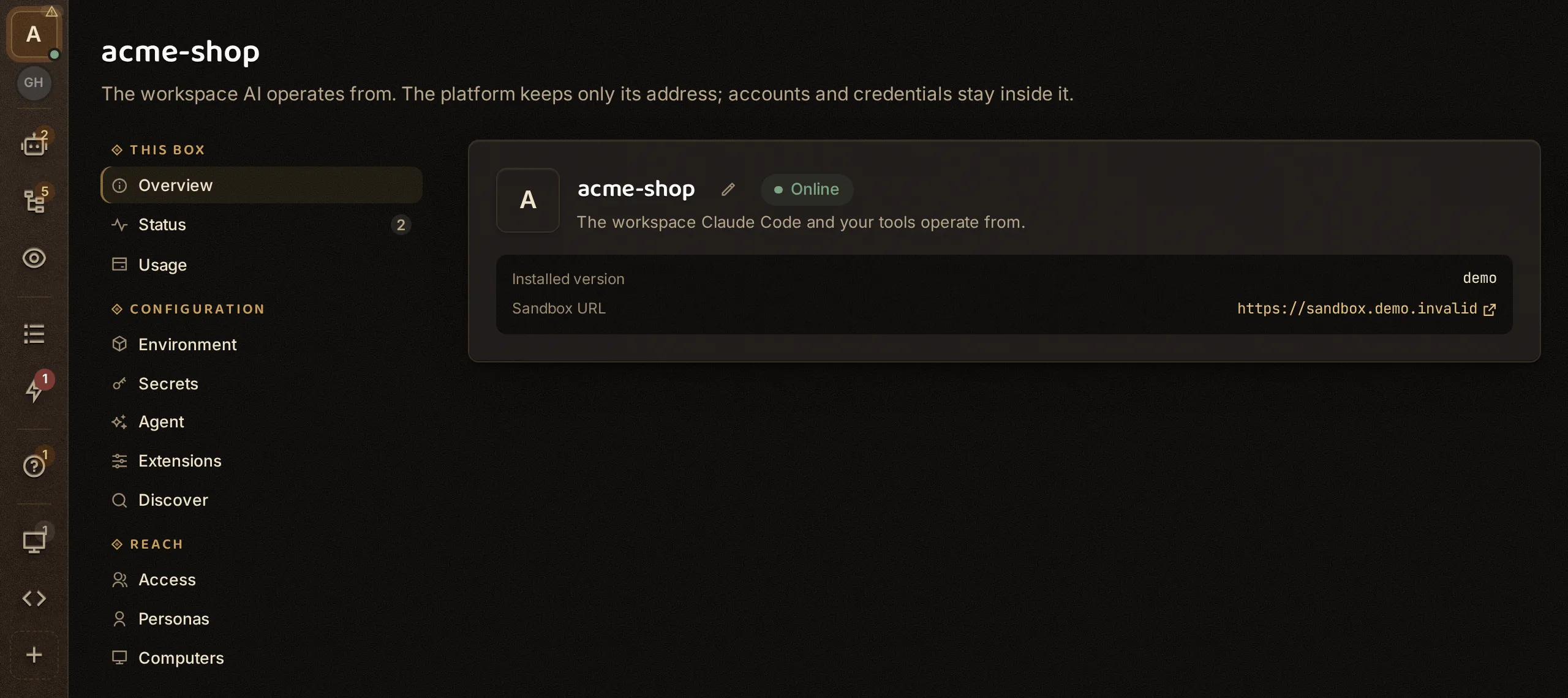 The sandbox hub: the acme-shop sandbox shown online with its installed version and its own URL, beside the list of everything it holds: environment, secrets, agent account, extensions, access, personas and computers.