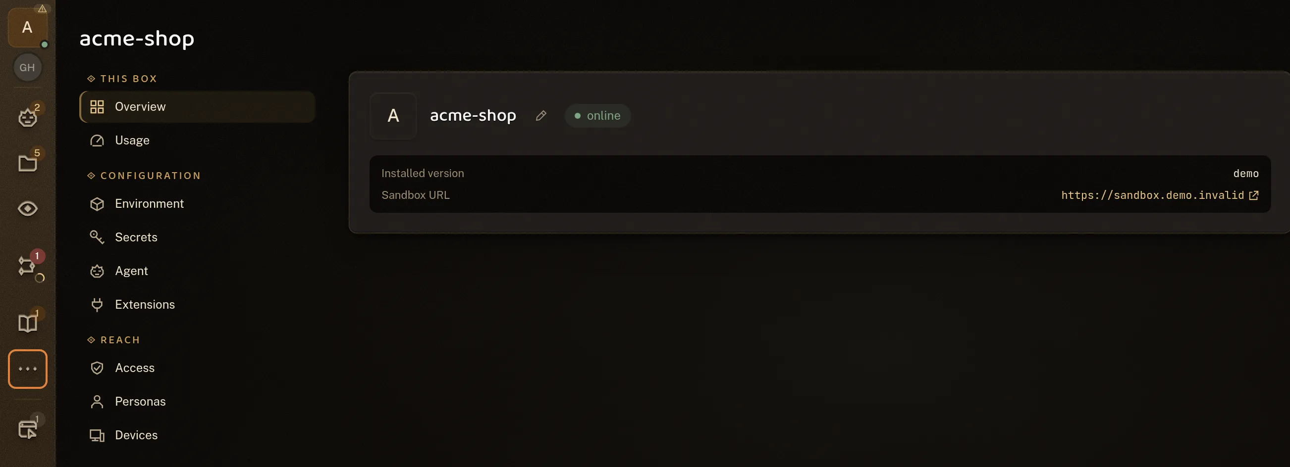The sandbox hub: the acme-shop sandbox shown online with its installed version and its own URL, beside the list of everything it holds: environment, secrets, agent account, extensions, access, personas and devices.