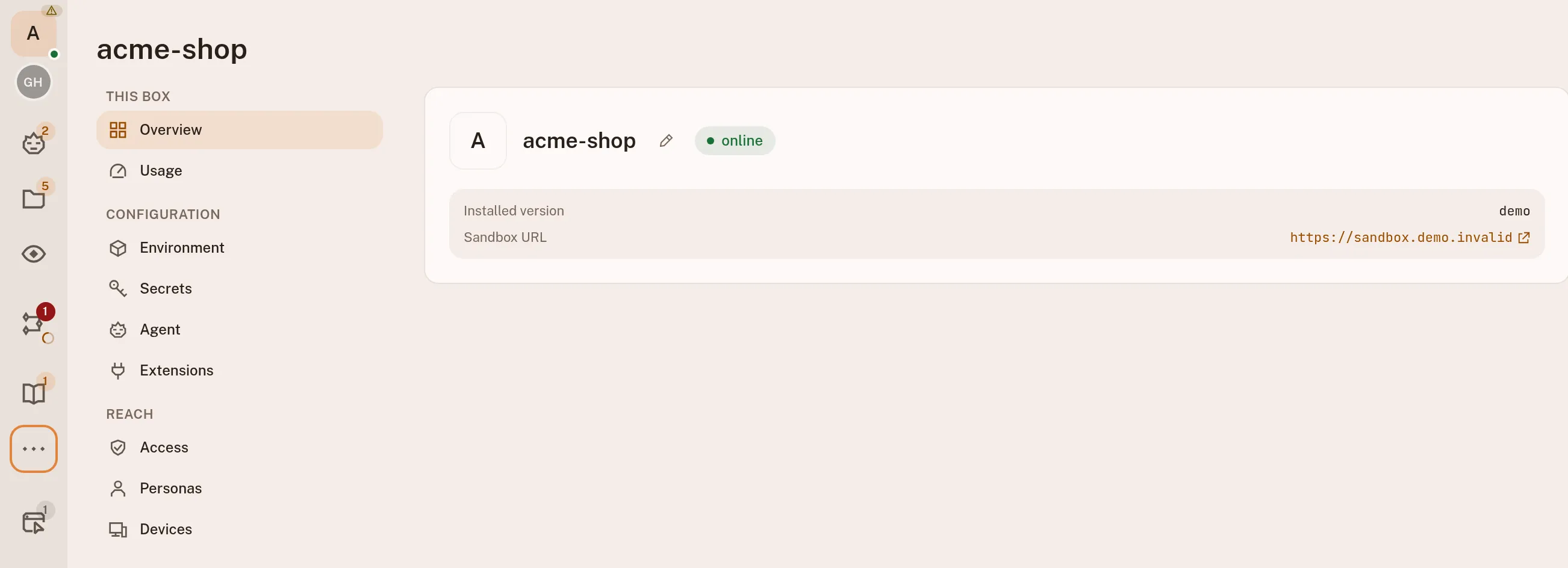 The sandbox hub: the acme-shop sandbox shown online with its installed version and its own URL, beside the list of everything it holds: environment, secrets, agent account, extensions, access, personas and devices.