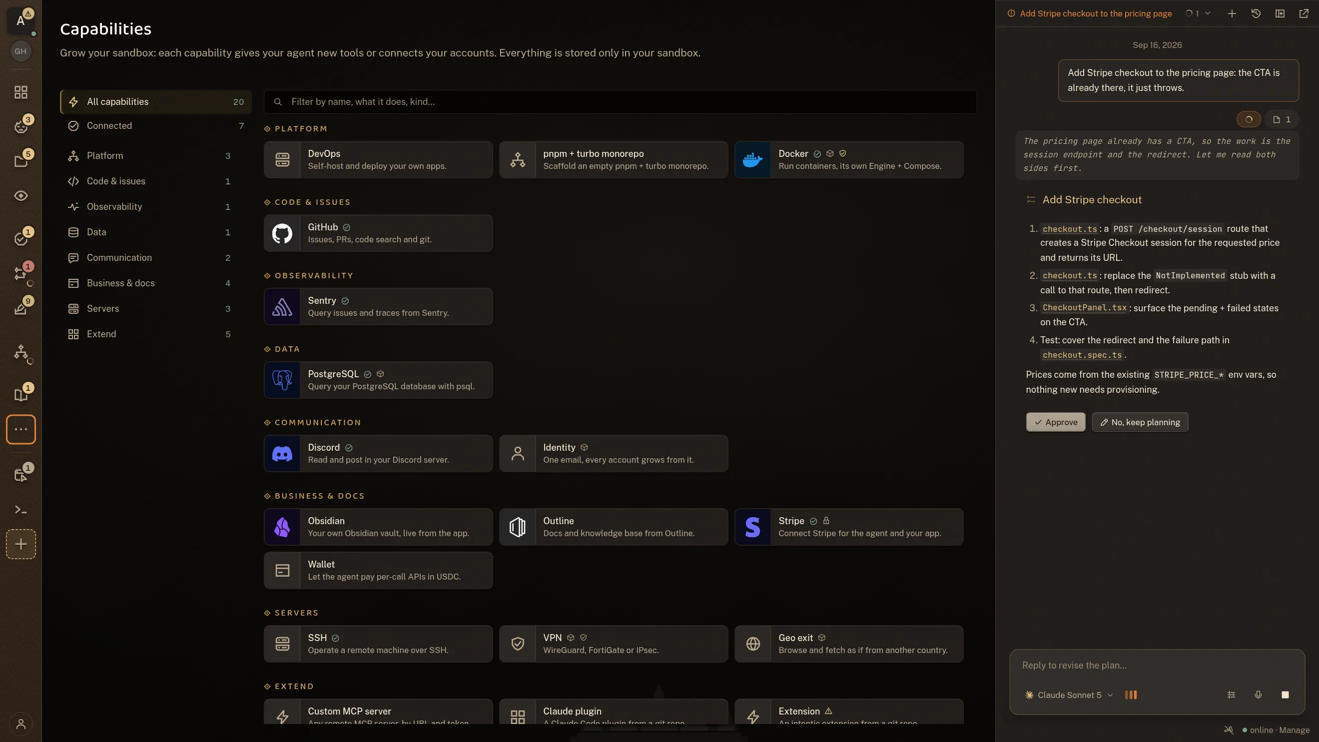 The capability catalogue, twenty of them grouped by Platform, Code & issues, Observability, Data, Communication, Business & docs, Servers and Extend: GitHub, Sentry, PostgreSQL, Discord, Docker, Stripe, Obsidian, Outline, SSH and a VPN among them, seven marked as connected, and a row at the foot for any MCP server of your own.
