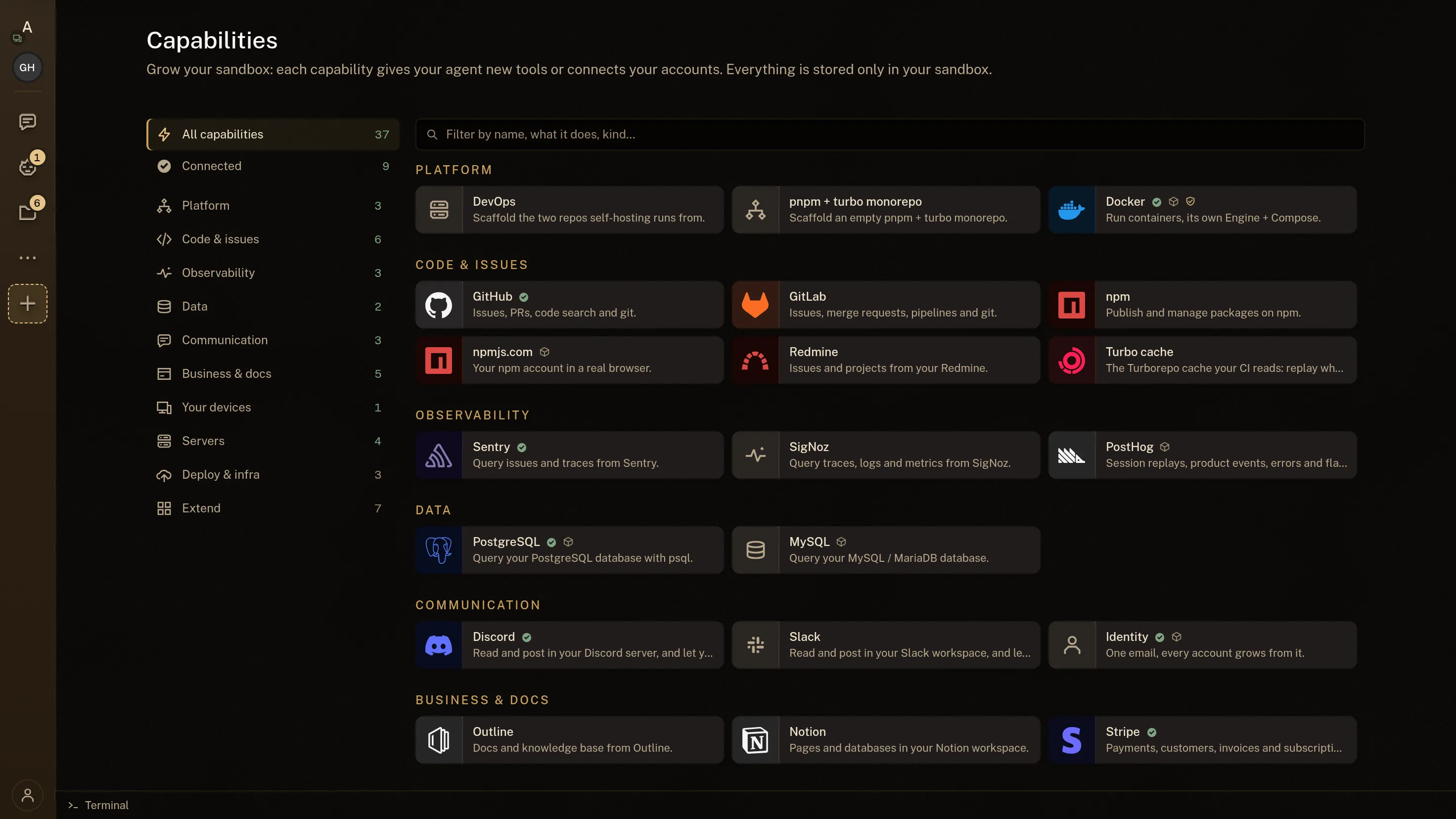 The capability catalog grouped by Platform, Code & issues, Observability, Data, Communication and Business & docs: Docker, GitHub, GitLab, npm, Sentry, PostHog, PostgreSQL, MySQL, Discord, Slack, Notion and Stripe among them, the connected ones marked with a check.
