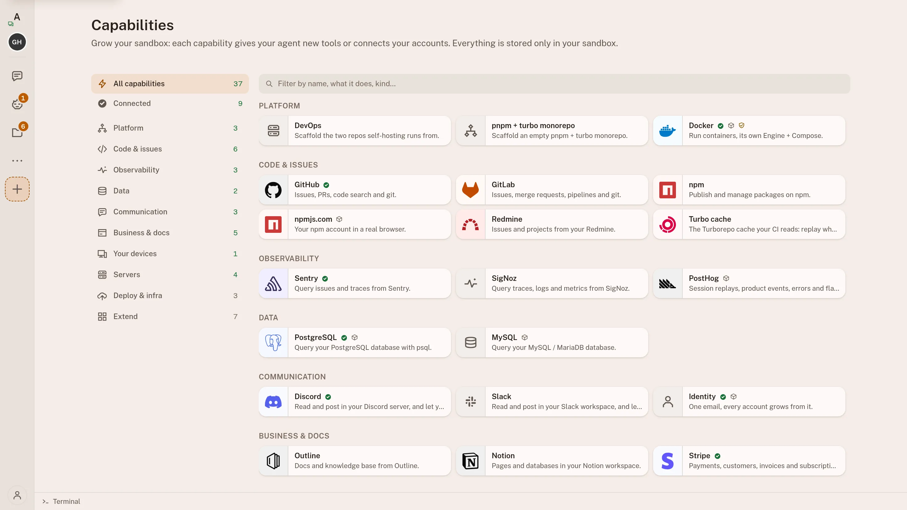 The capability catalog grouped by Platform, Code & issues, Observability, Data, Communication and Business & docs: Docker, GitHub, GitLab, npm, Sentry, PostHog, PostgreSQL, MySQL, Discord, Slack, Notion and Stripe among them, the connected ones marked with a check.