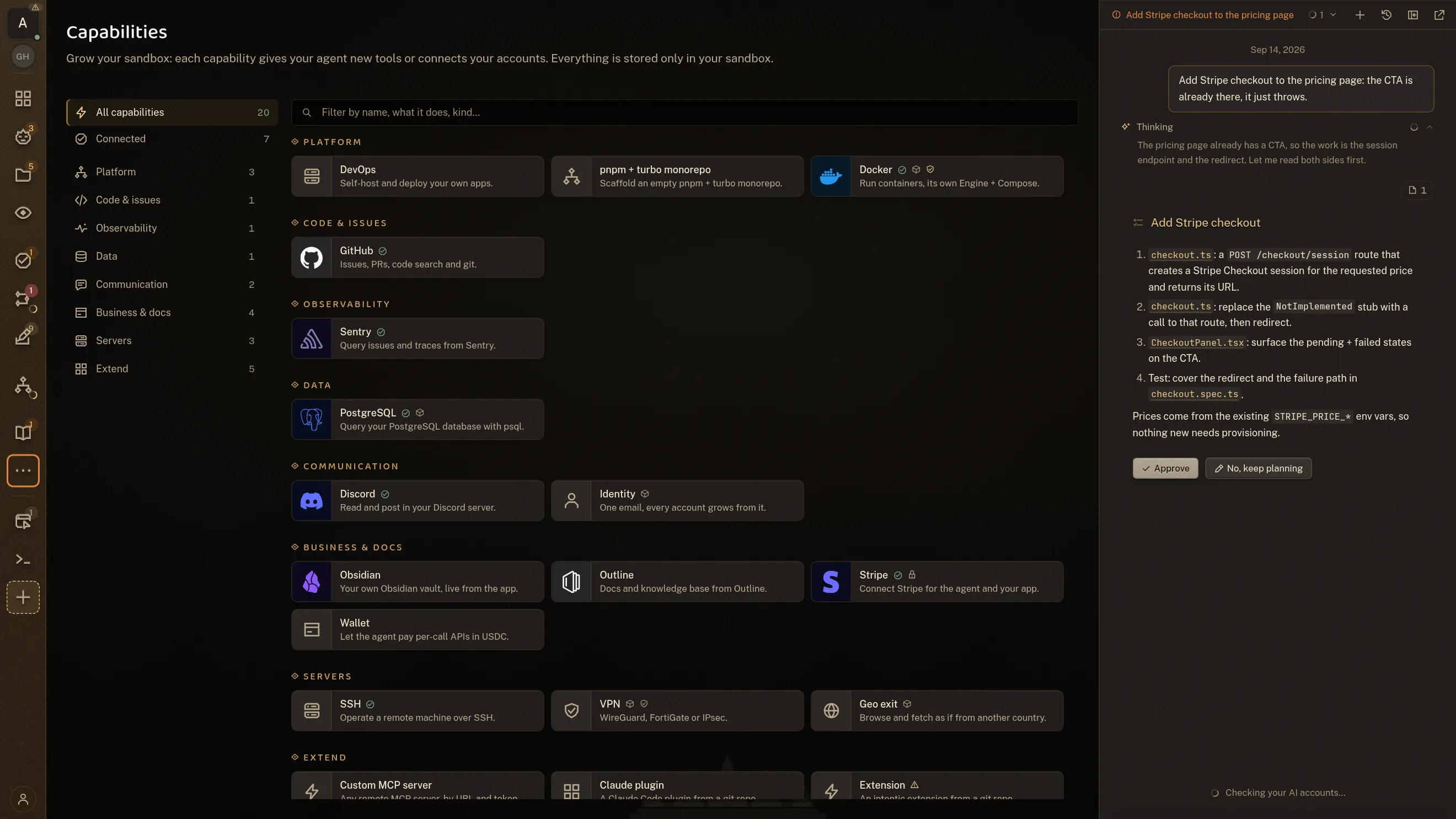 The capability catalogue, twenty of them grouped by Platform, Code & issues, Observability, Data, Communication, Business & docs, Servers and Extend: GitHub, Sentry, PostgreSQL, Discord, Docker, Stripe, Obsidian, Outline, SSH and a VPN among them, seven marked as connected, and a row at the foot for any MCP server of your own.