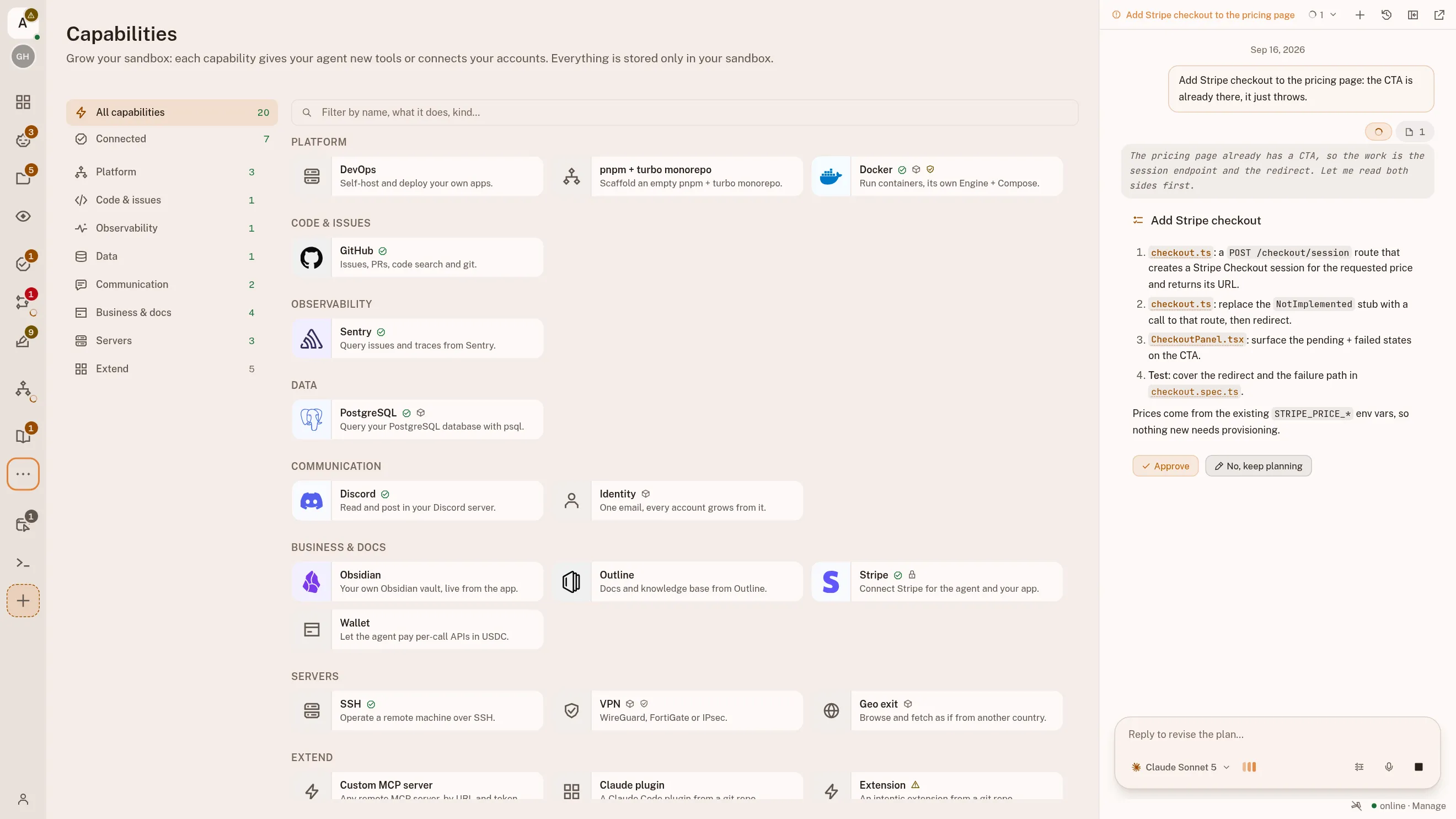 The connections catalogue, grouped by what each one is for: GitHub, a database, Discord, Stripe, Obsidian, Outline and a server among them, seven already connected, and a row at the foot for anything of your own.