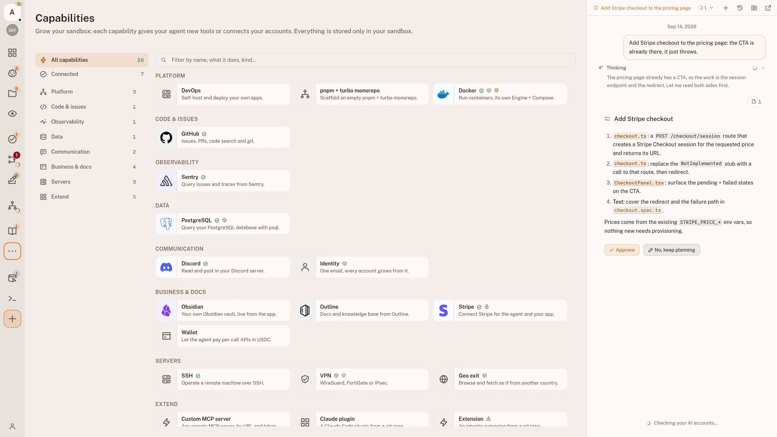 The capability catalogue, twenty of them grouped by Platform, Code & issues, Observability, Data, Communication, Business & docs, Servers and Extend: GitHub, Sentry, PostgreSQL, Discord, Docker, Stripe, Obsidian, Outline, SSH and a VPN among them, seven marked as connected, and a row at the foot for any MCP server of your own.