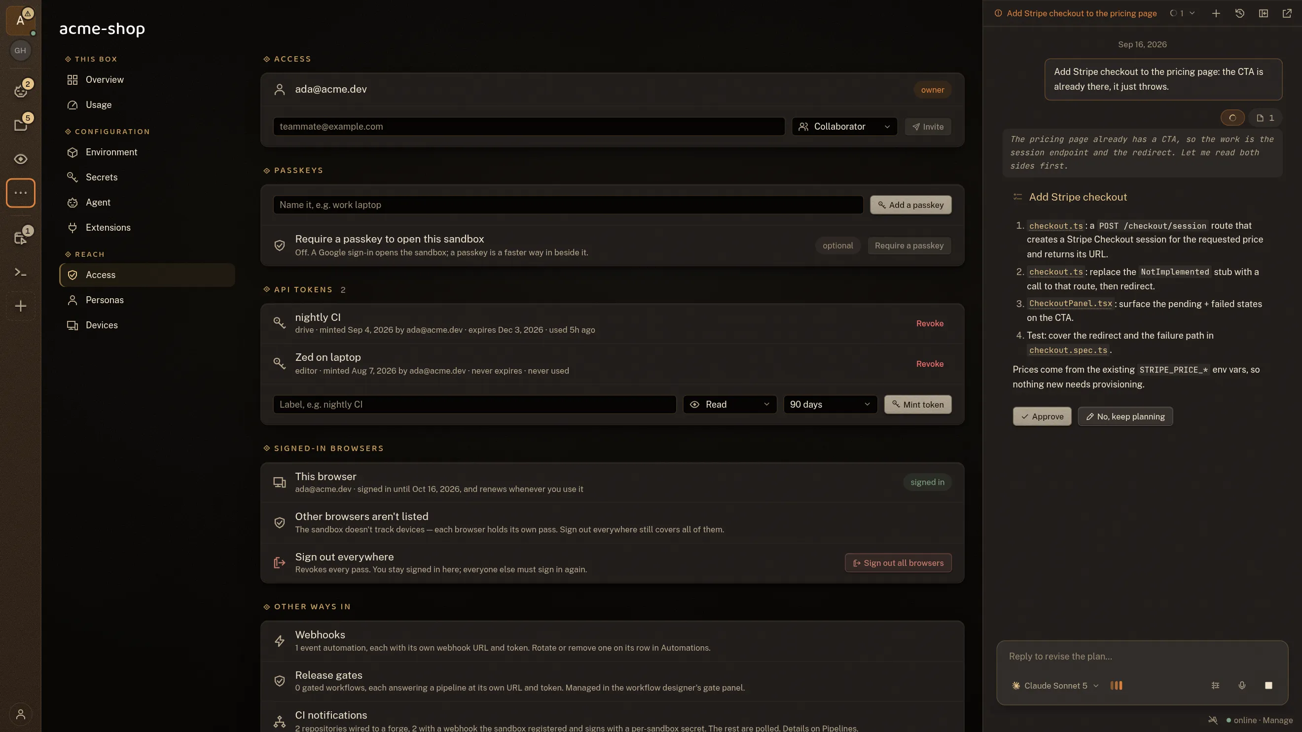 The acme-shop sandbox's Access page: the owner, a field to invite a teammate by email with their role beside it, the browsers currently signed in and a control that signs every one of them out, and under Here now a collaborator, Grace Hopper, looking at the agents board. The list on the left is everything else the box holds: environment, secrets, agent account, extensions, personas and devices.
