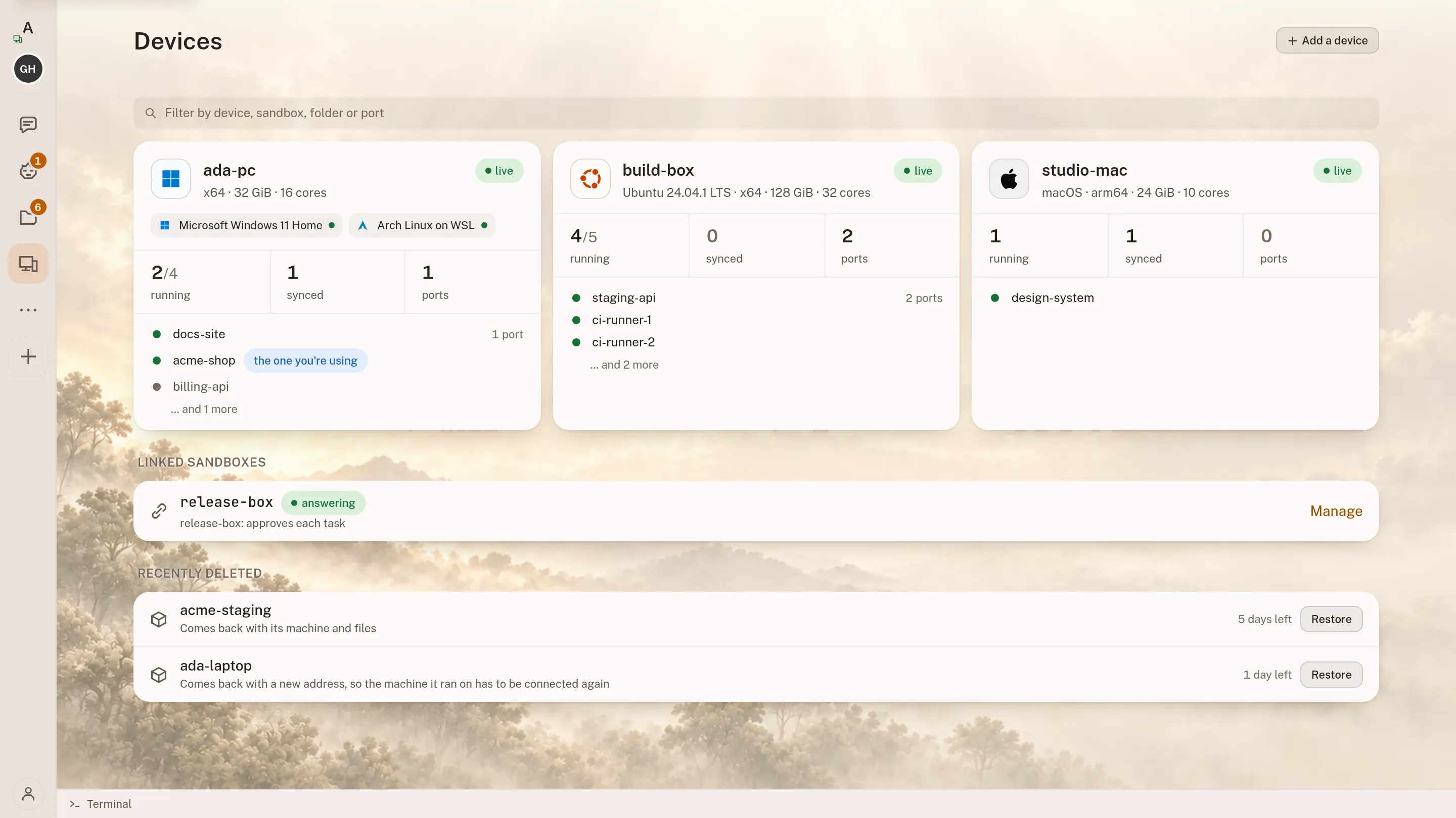 The Devices page: the three machines this account's sandboxes run on, a Windows desktop, an Ubuntu build server with 128 GiB and 32 cores, and a Mac, each live, with the sandboxes each one runs and the ports it mirrors to localhost.