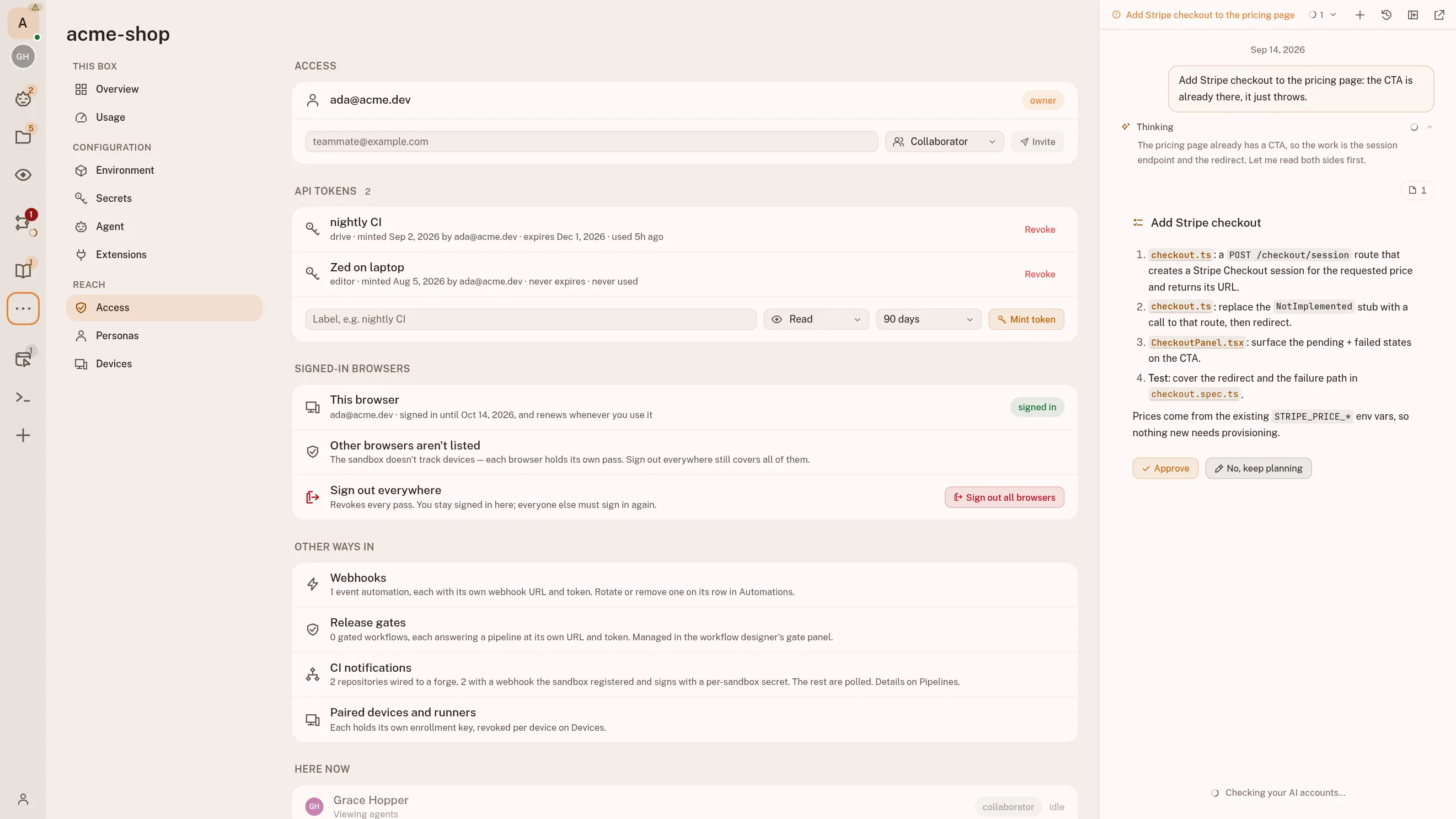 The acme-shop sandbox's Access page: the owner, a field to invite a teammate by email with their role beside it, the browsers currently signed in and a control that signs every one of them out, and under Here now a collaborator, Grace Hopper, looking at the agents board. The list on the left is everything else the box holds: environment, secrets, agent account, extensions, personas and devices.