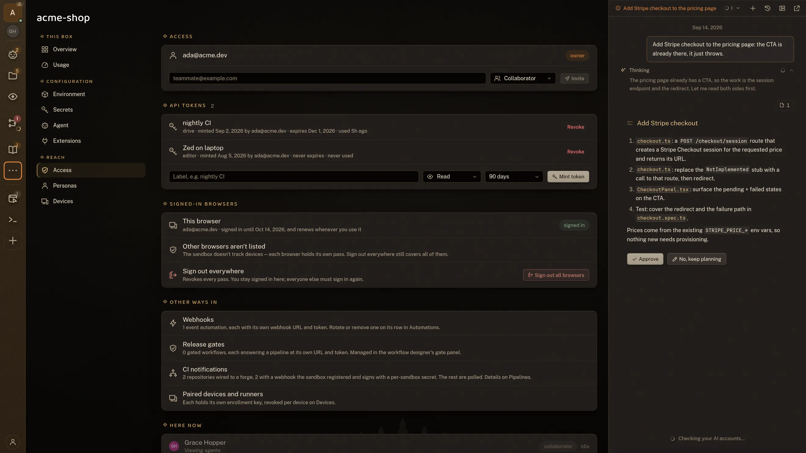 The acme-shop sandbox's Access page: the owner, a field to invite a teammate by email with their role beside it, the browsers currently signed in and a control that signs every one of them out, and under Here now a collaborator, Grace Hopper, looking at the agents board. The list on the left is everything else the box holds: environment, secrets, agent account, extensions, personas and devices.