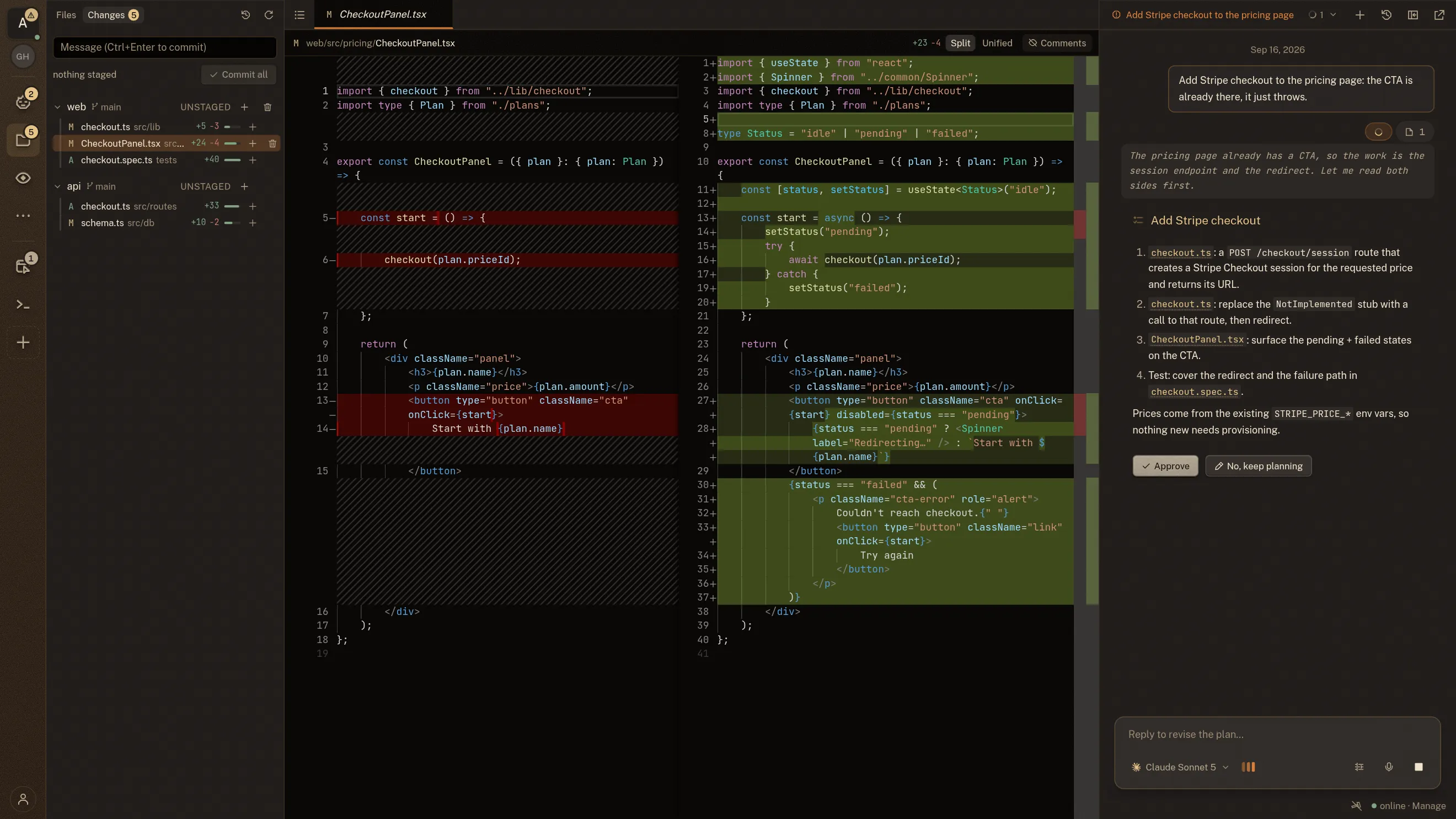 The workspace Changes tab: five uncommitted files grouped by repo with their line counts, and CheckoutPanel.tsx open beside them as a side-by-side diff: the removed lines in red on the left, the added ones in green on the right. The chat alongside holds the plan the change came from.