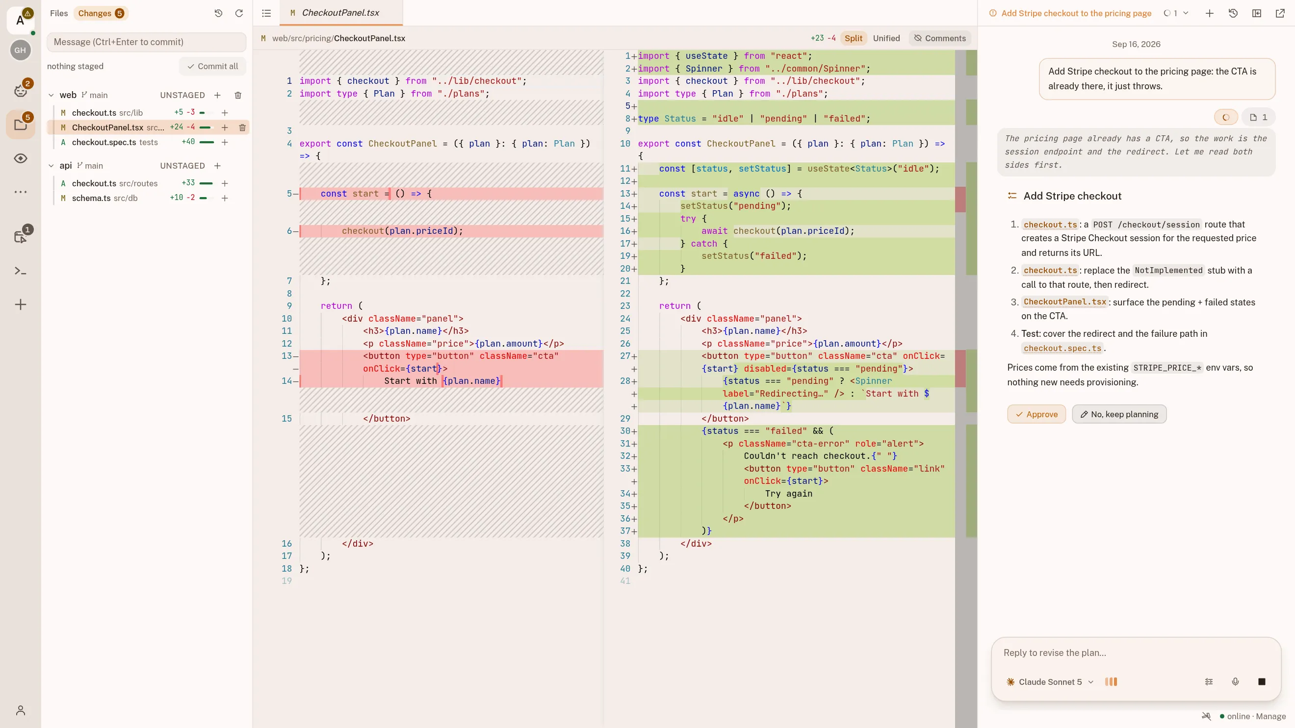 The workspace Changes tab: five uncommitted files grouped by repo with their line counts, and CheckoutPanel.tsx open beside them as a side-by-side diff: the removed lines in red on the left, the added ones in green on the right. The chat alongside holds the plan the change came from.