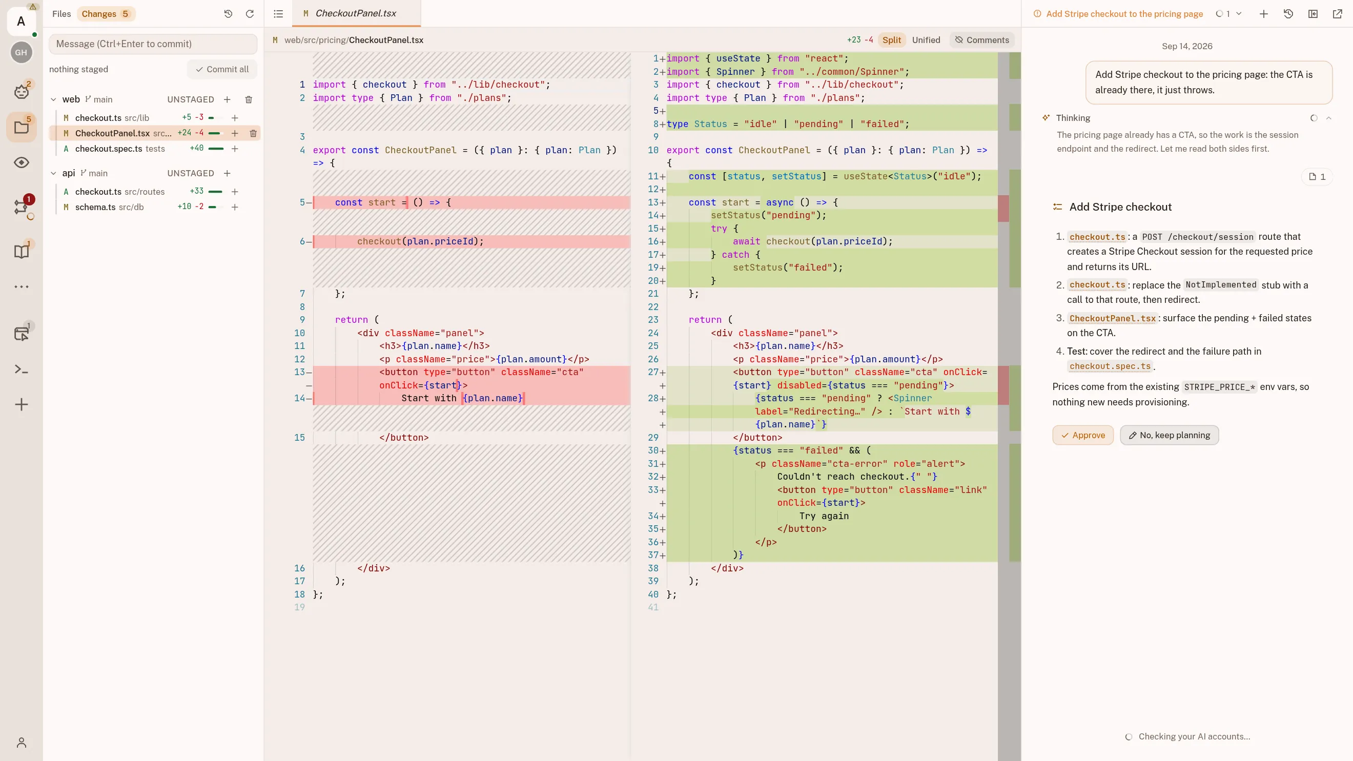 The workspace Changes tab: five uncommitted files grouped by repo with their line counts, and CheckoutPanel.tsx open beside them as a side-by-side diff: the removed lines in red on the left, the added ones in green on the right. The chat alongside holds the plan the change came from.