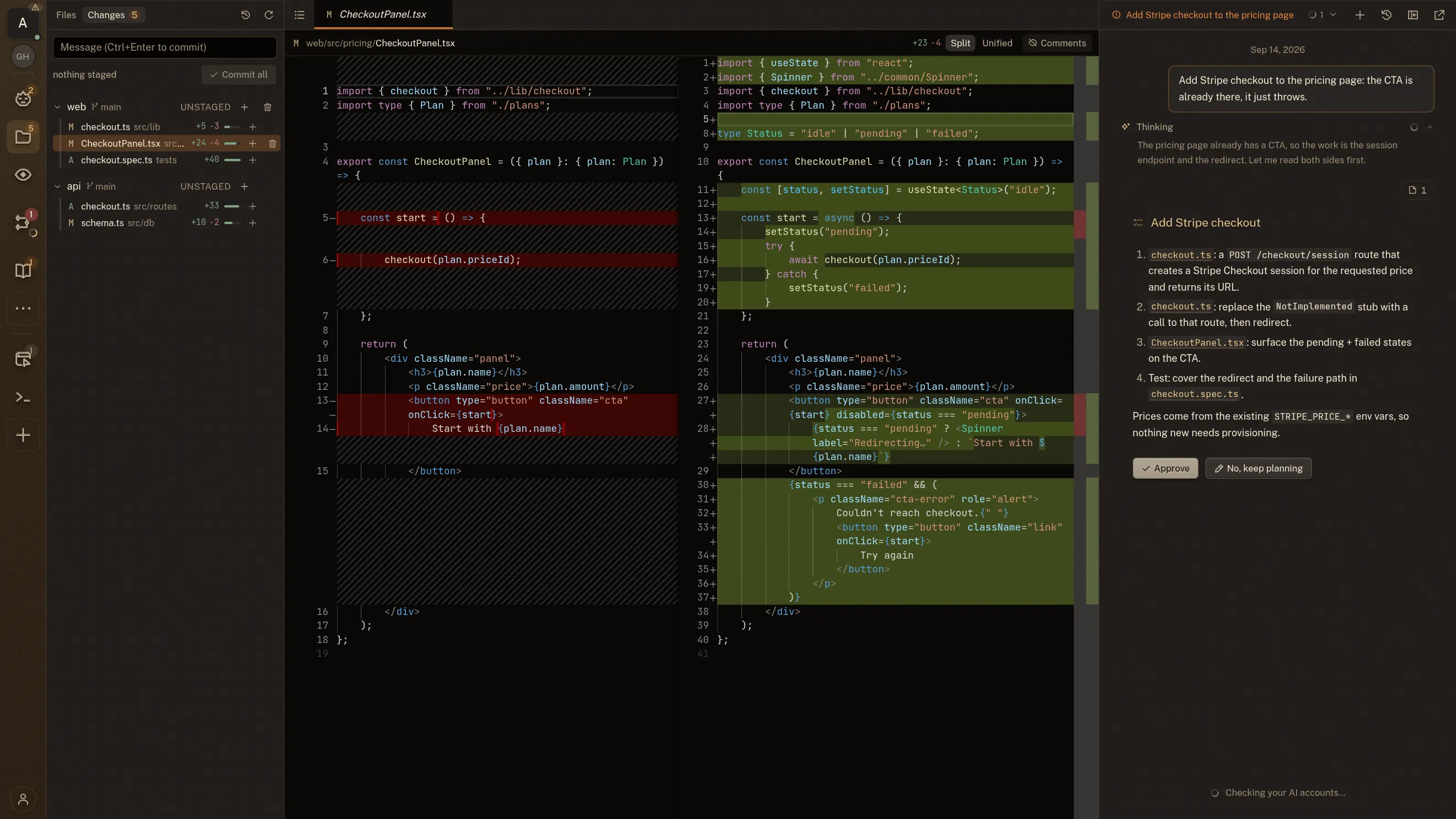 The workspace Changes tab: five uncommitted files grouped by repo with their line counts, and CheckoutPanel.tsx open beside them as a side-by-side diff: the removed lines in red on the left, the added ones in green on the right. The chat alongside holds the plan the change came from.
