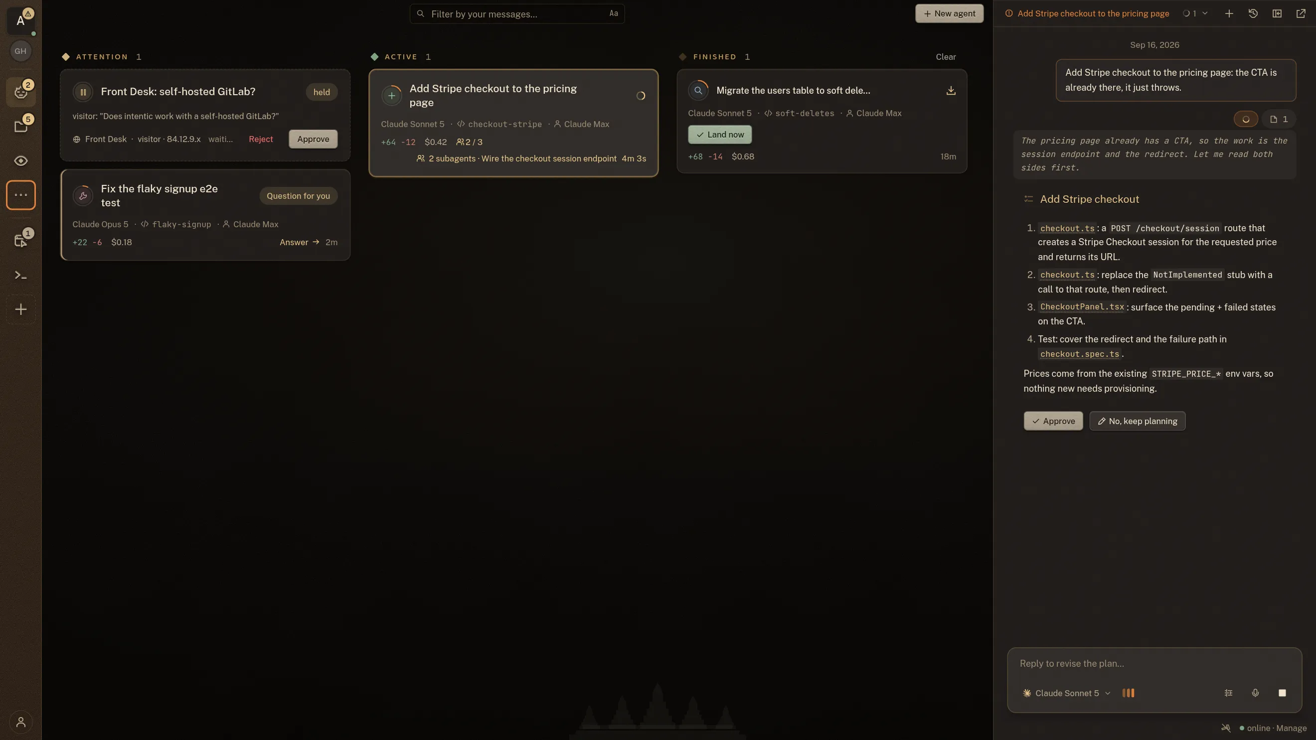 The intentic workspace on the fleet board: an Attention lane holding a Visitor chat question and an agent asking one of its own, an Active lane where a Stripe checkout agent is running two subagents, and a Finished lane where a completed change offers Land now. Every card carries its model, its branch, what it has cost and its diff stats. The chat docked beside the board holds the plan that agent wrote, with Approve under it.