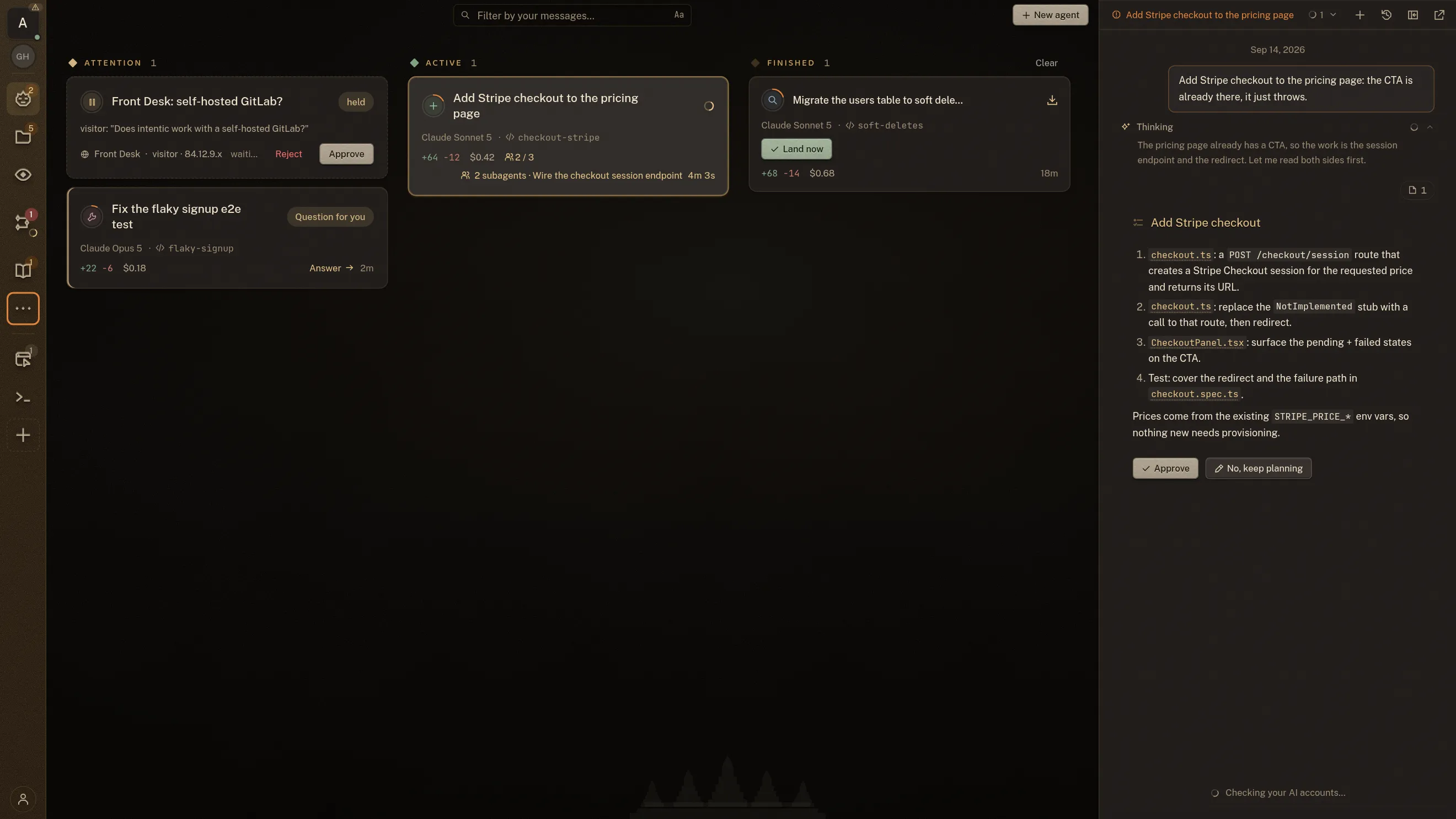 The intentic workspace on the fleet board: an Attention lane holding a Front Desk question and an agent asking one of its own, an Active lane where a Stripe checkout agent is running two subagents, and a Finished lane where a completed change offers Land now. Every card carries its model, its branch, what it has cost and its diff stats. The chat docked beside the board holds the plan that agent wrote, with Approve under it.