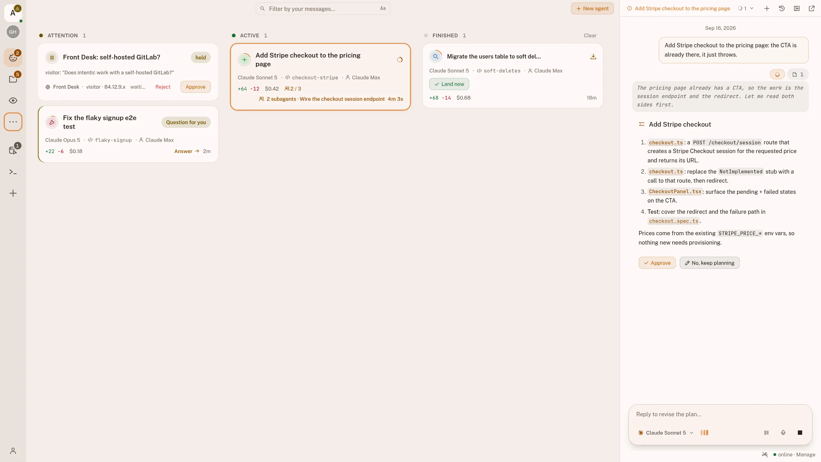 The intentic workspace on the fleet board: an Attention lane holding a Visitor chat question and an agent asking one of its own, an Active lane where a Stripe checkout agent is running two subagents, and a Finished lane where a completed change offers Land now. Every card carries its model, its branch, what it has cost and its diff stats. The chat docked beside the board holds the plan that agent wrote, with Approve under it.