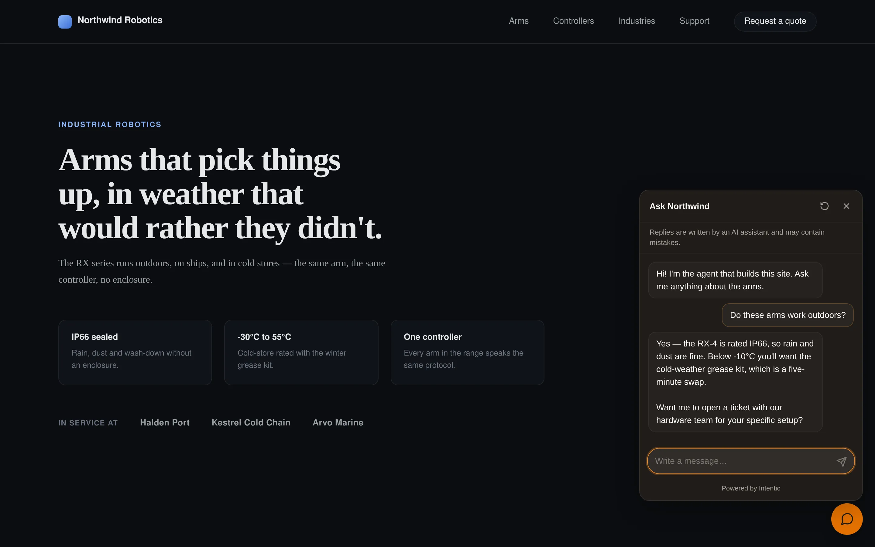 A robotics company's website with the Visitor chat widget open in the corner: the agent greets the visitor, the visitor asks whether the arms work outdoors, and the agent answers with the IP66 rating and a cold-weather caveat, then offers to open a ticket.