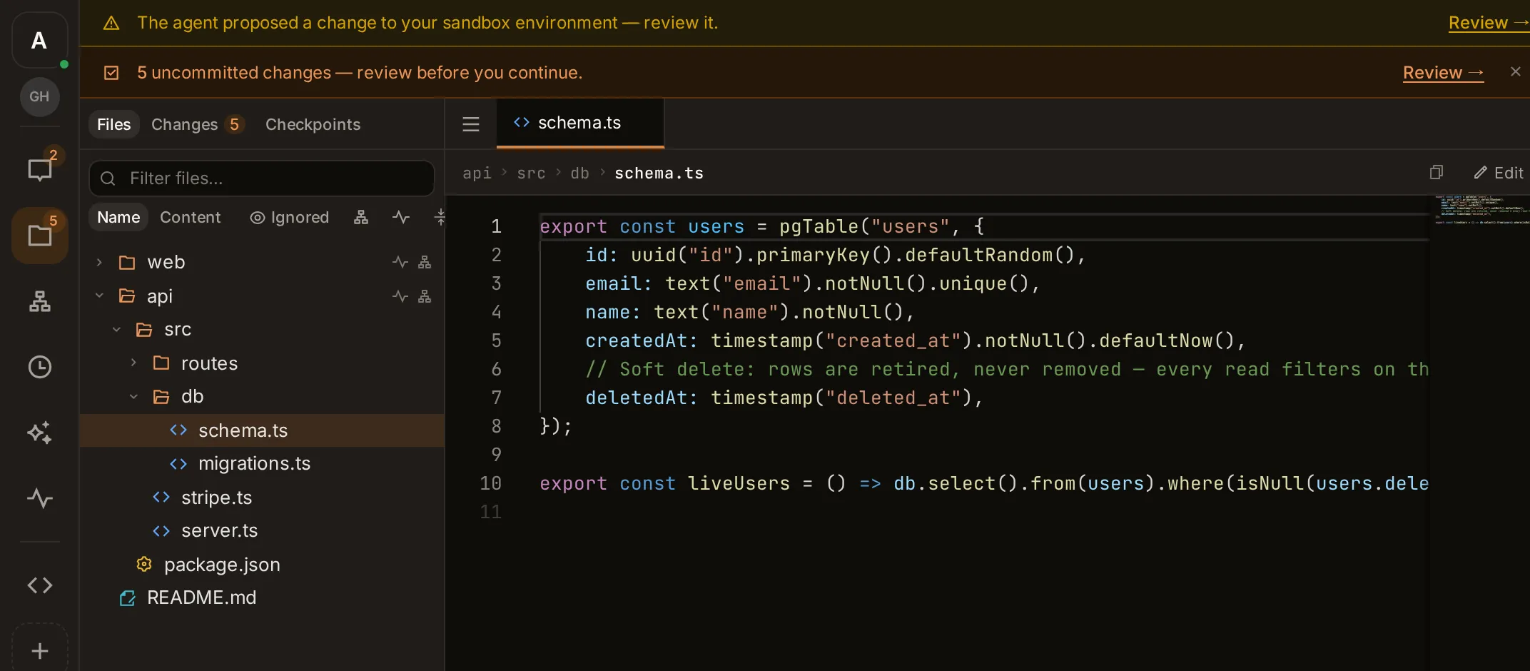 The intentic workspace: a file tree of two repos on the left and a syntax-highlighted TypeScript schema open in the editor, with a banner offering to review five uncommitted changes.